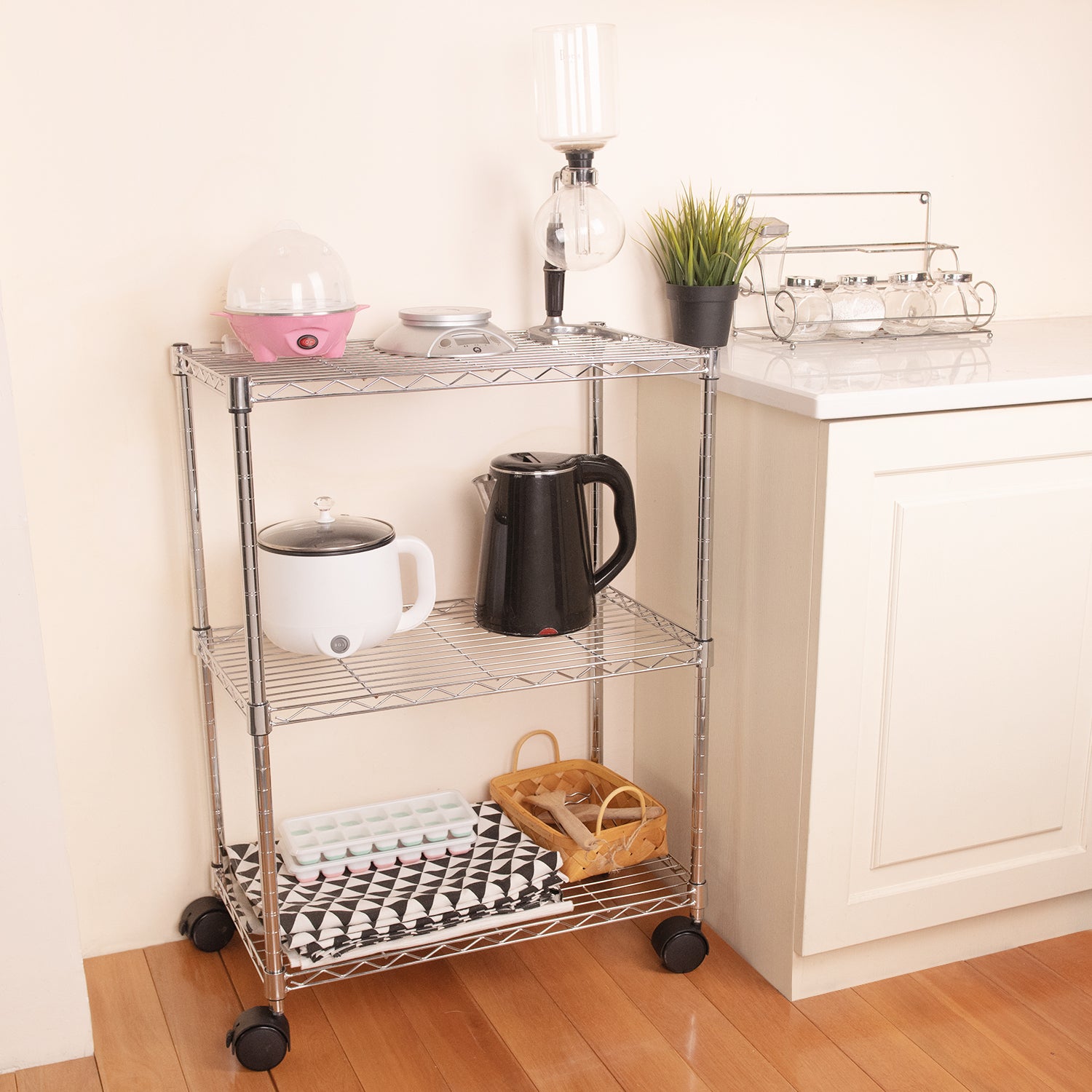 Simple Deluxe 3 Shelf Shelving With Wheels Steel Organizer 23"Wx13"Dx30"H Chrome Silver Iron