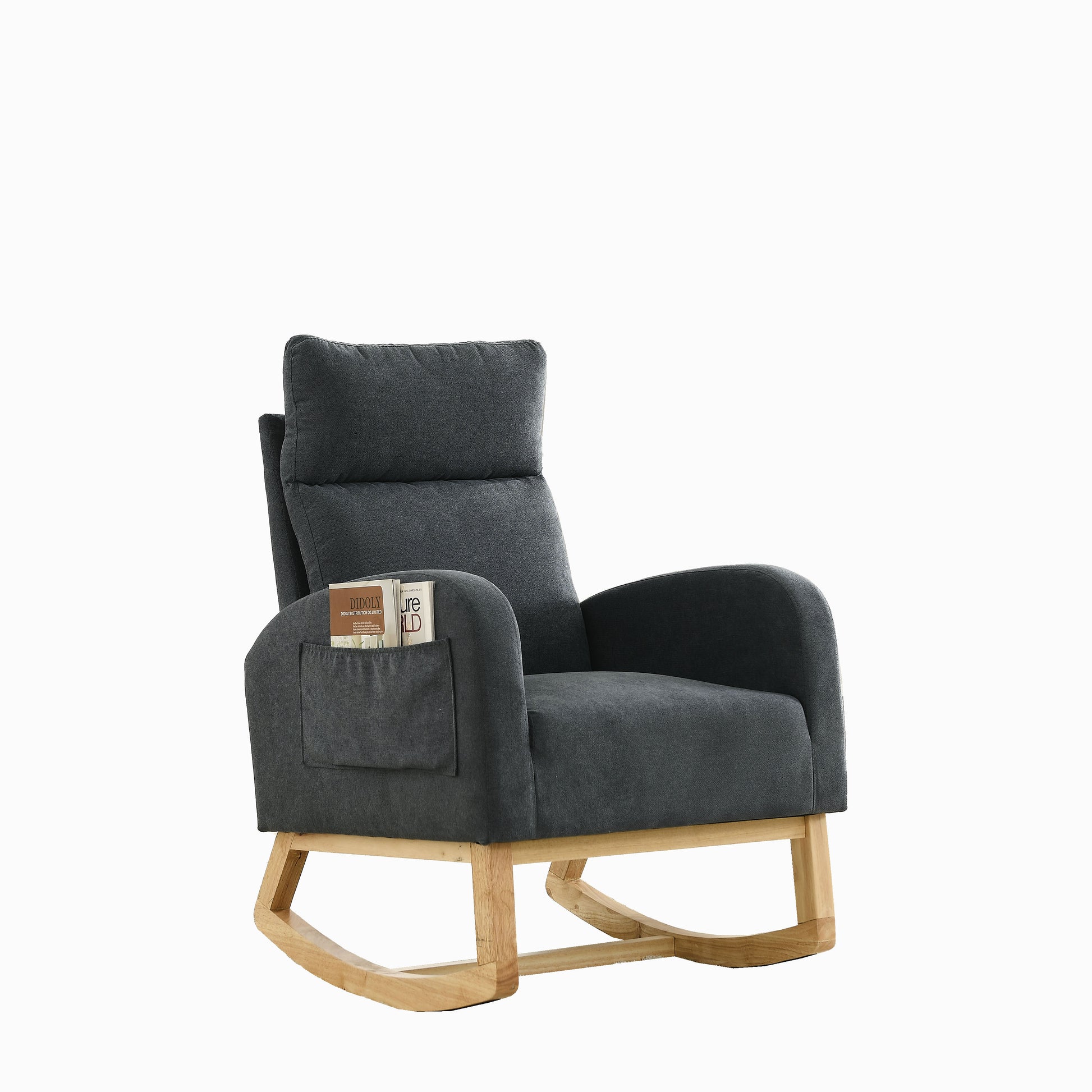 Video Welike 27.6"W Modern Accent High Backrest Living Room Lounge Arm Rocking Chair, Two Side Pocket W83453347 Dark Grey Foam Fabric