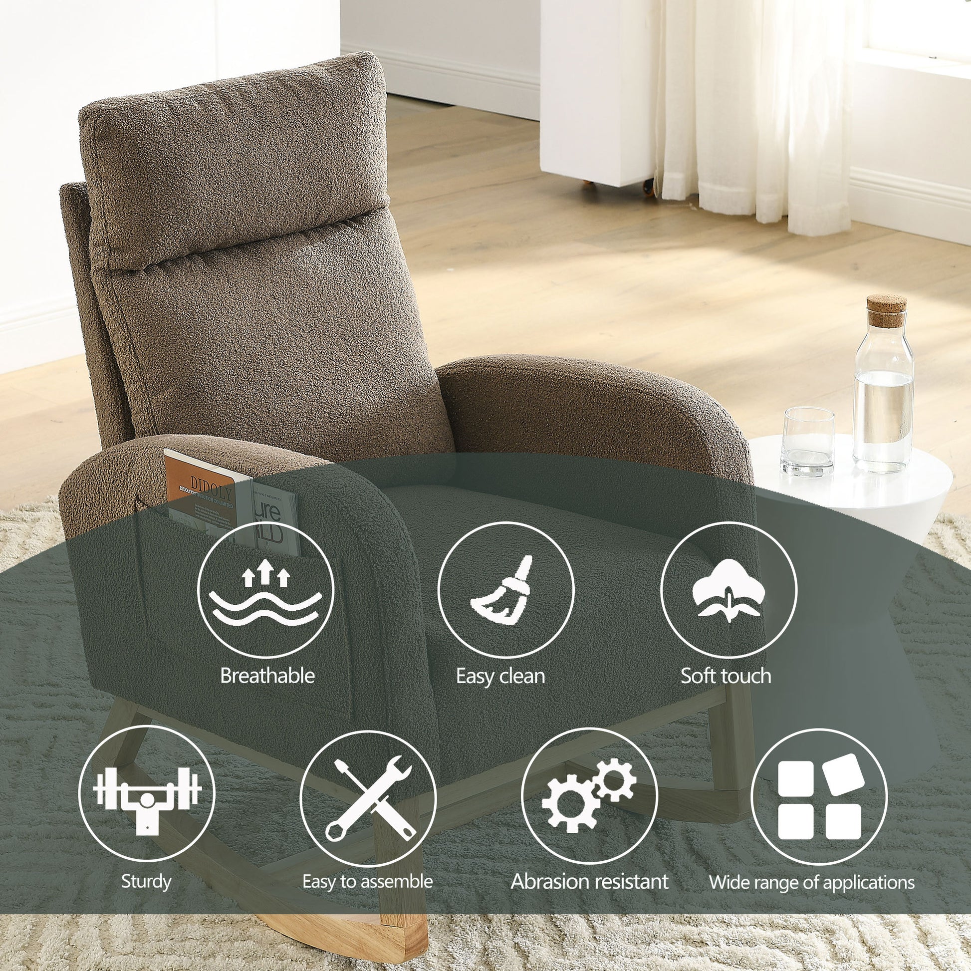 Video Welike 27.6"W Modern Accent High Backrest Living Room Lounge Arm Rocking Chair, Two Side Pocket W83453338 Coffee Foam Fabric