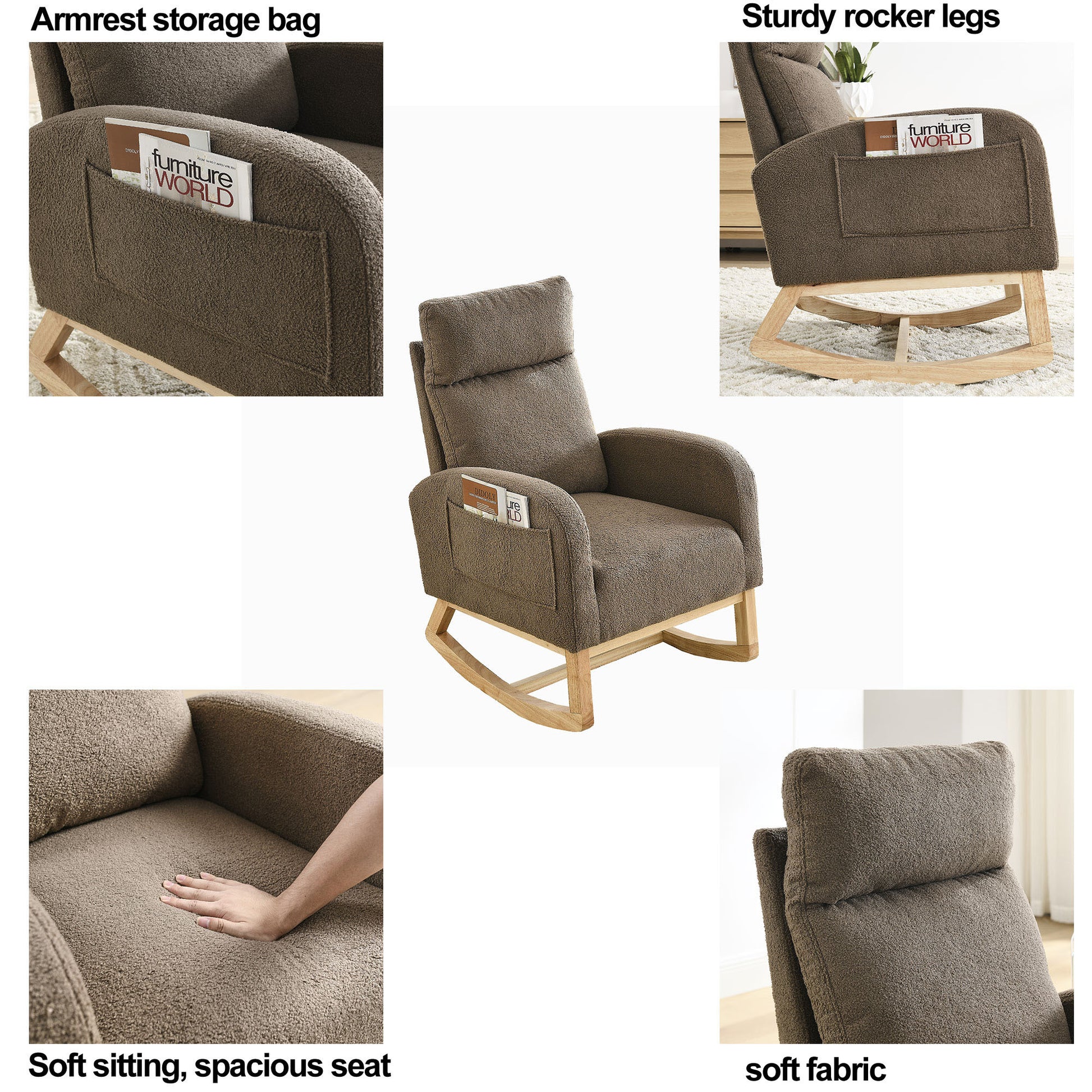 Video Welike 27.6"W Modern Accent High Backrest Living Room Lounge Arm Rocking Chair, Two Side Pocket W83453338 Coffee Foam Fabric