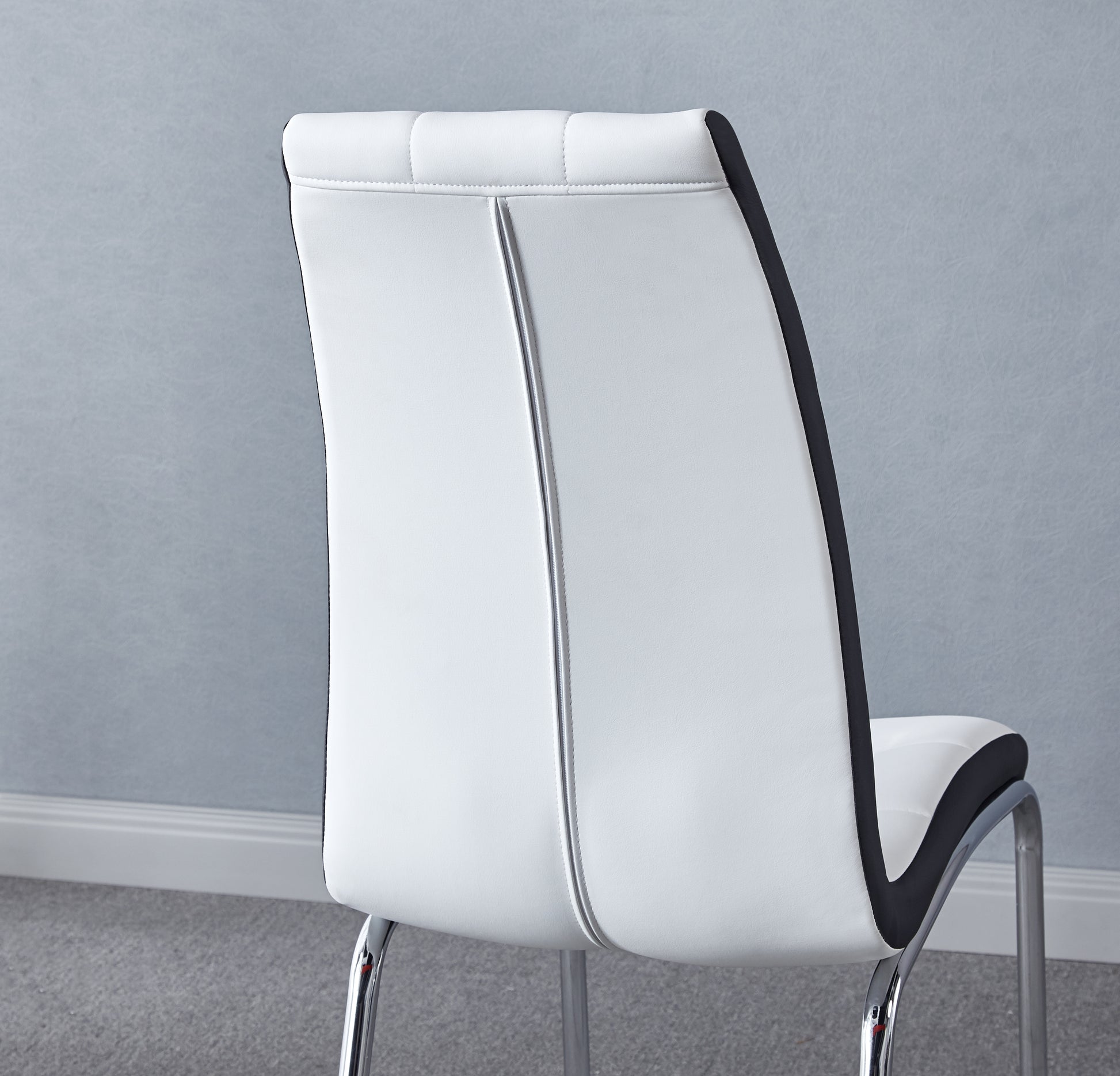 Modern Lattice Designdining Chair With Silver Metal Legs Set Of 4 Black White Leather