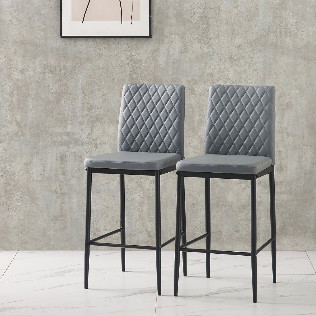 Light Gray Modern Simple Bar Chair, Fireproof Leather Spraying Metal Pipe, Diamond Grid Pattern, Restaurant, Family, 2 Piece Set Light Gray Pu Leather