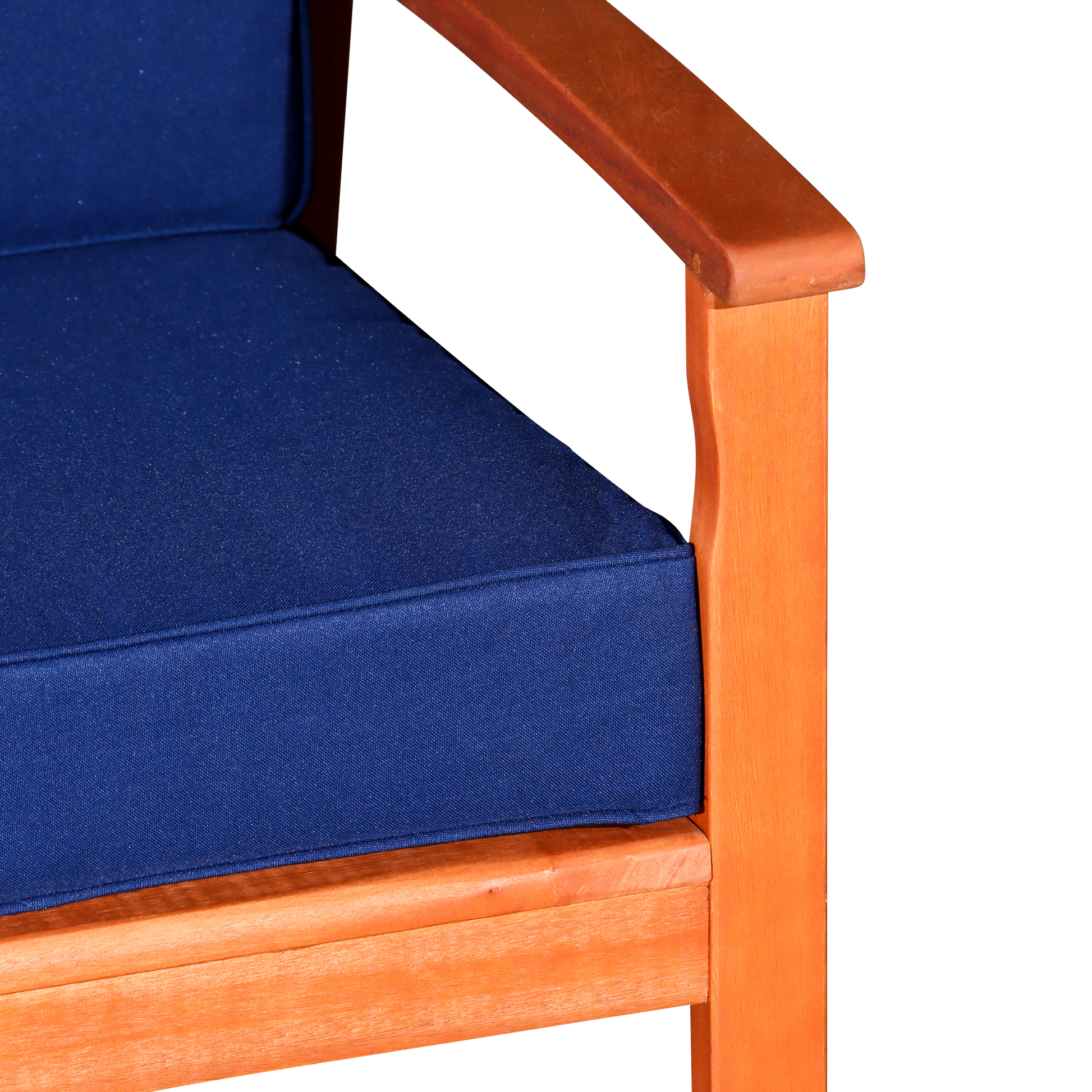 Eucalyptus Loveseat With Cushions, Natural Oil Finish, Navy Cushions Natural Eucalyptus