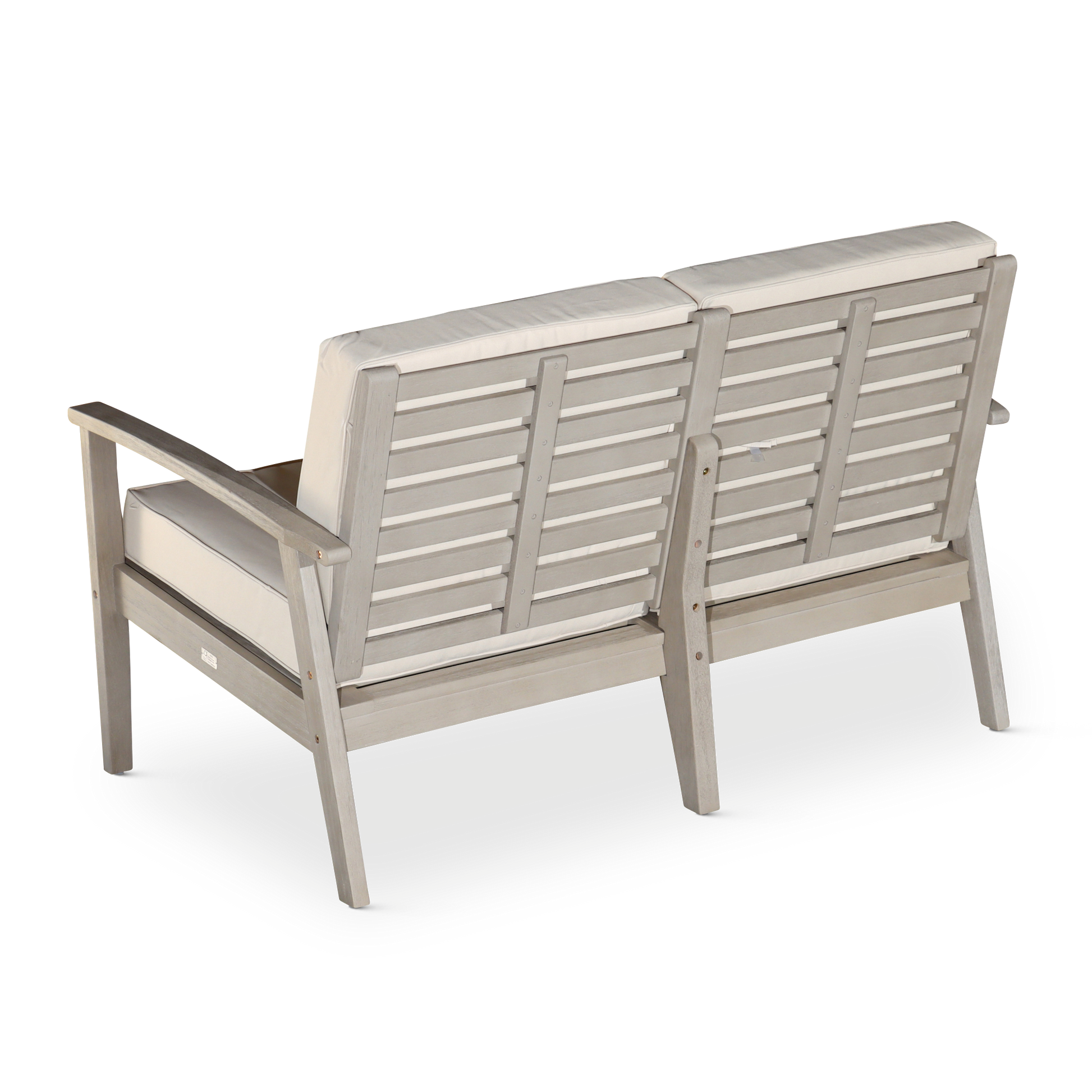 Eucalyptus Loveseat With Cushions, Driftwood Gray Finish, Navy Cushions Gray Eucalyptus