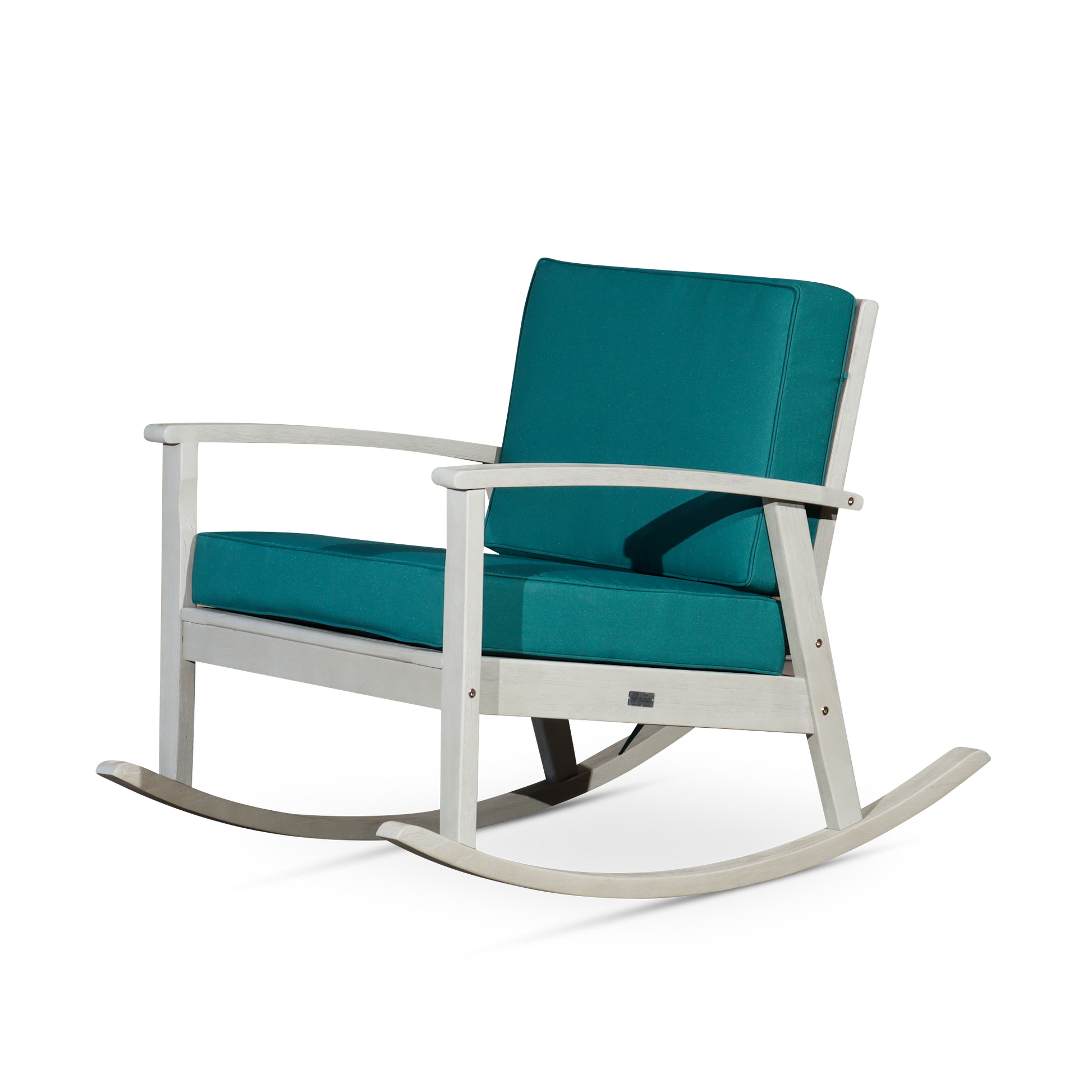 Eucalyptus Rocking Chair With Cushions, Driftwood Gray Finish, Dark Green Cushions Gray Eucalyptus