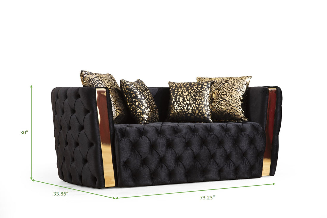 Button Tufted 3 Pc Sofa Set With Velvet Fabric And Gold Accent In Black Black Velvet 6 Seat