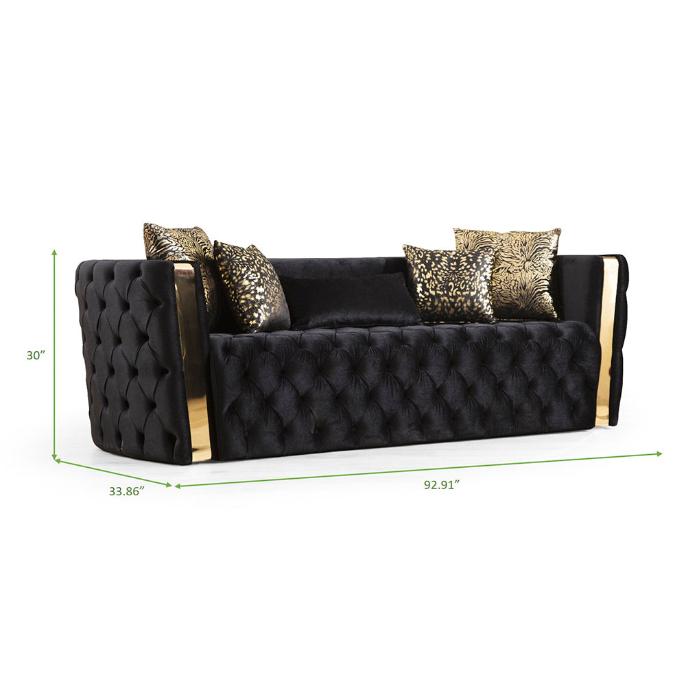 Button Tufted 3 Pc Sofa Set With Velvet Fabric And Gold Accent In Black Black Velvet 6 Seat