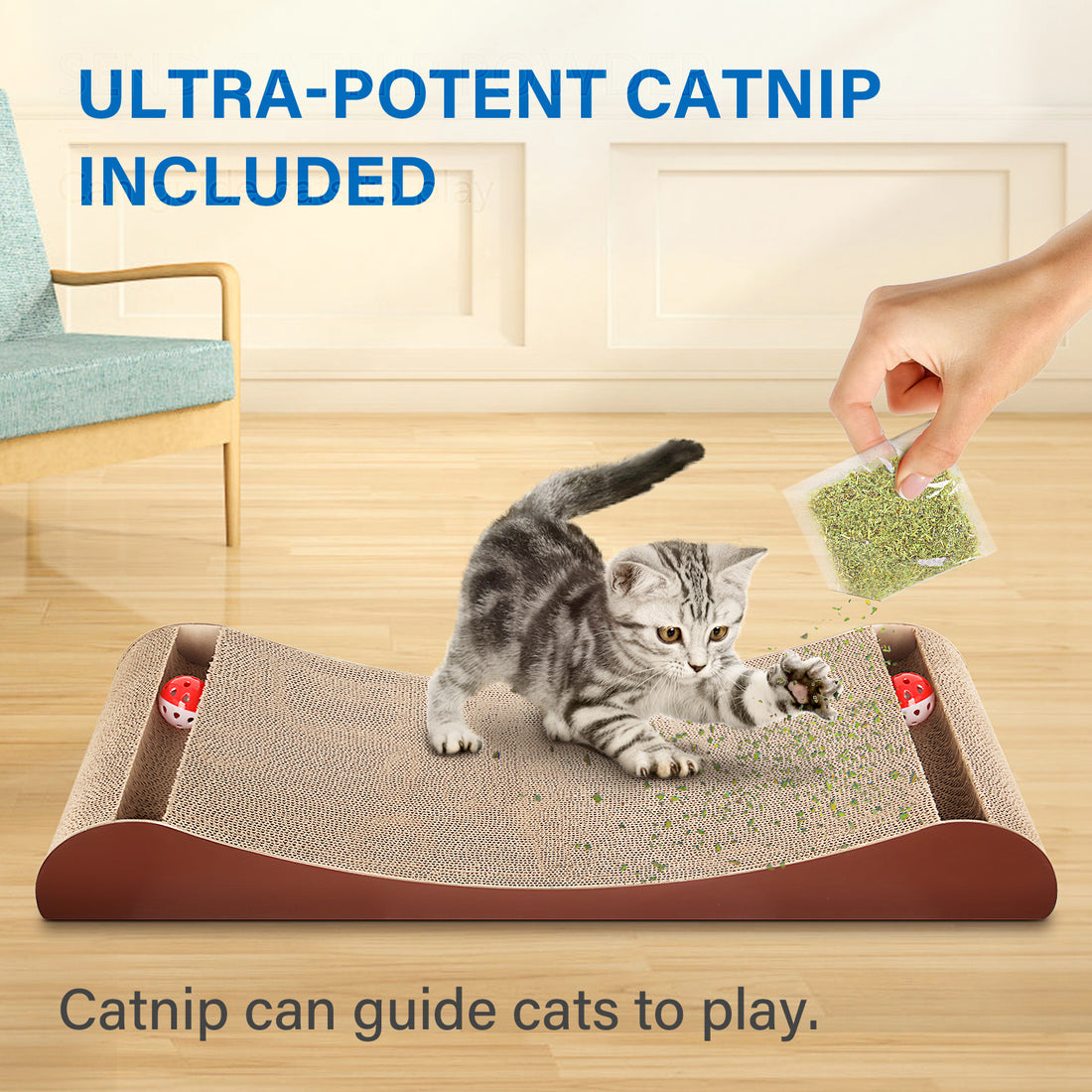 Scratchme Cat Scratcher Cardboard Lounge Bed With Bell Ball Toy Brown Solid Wood