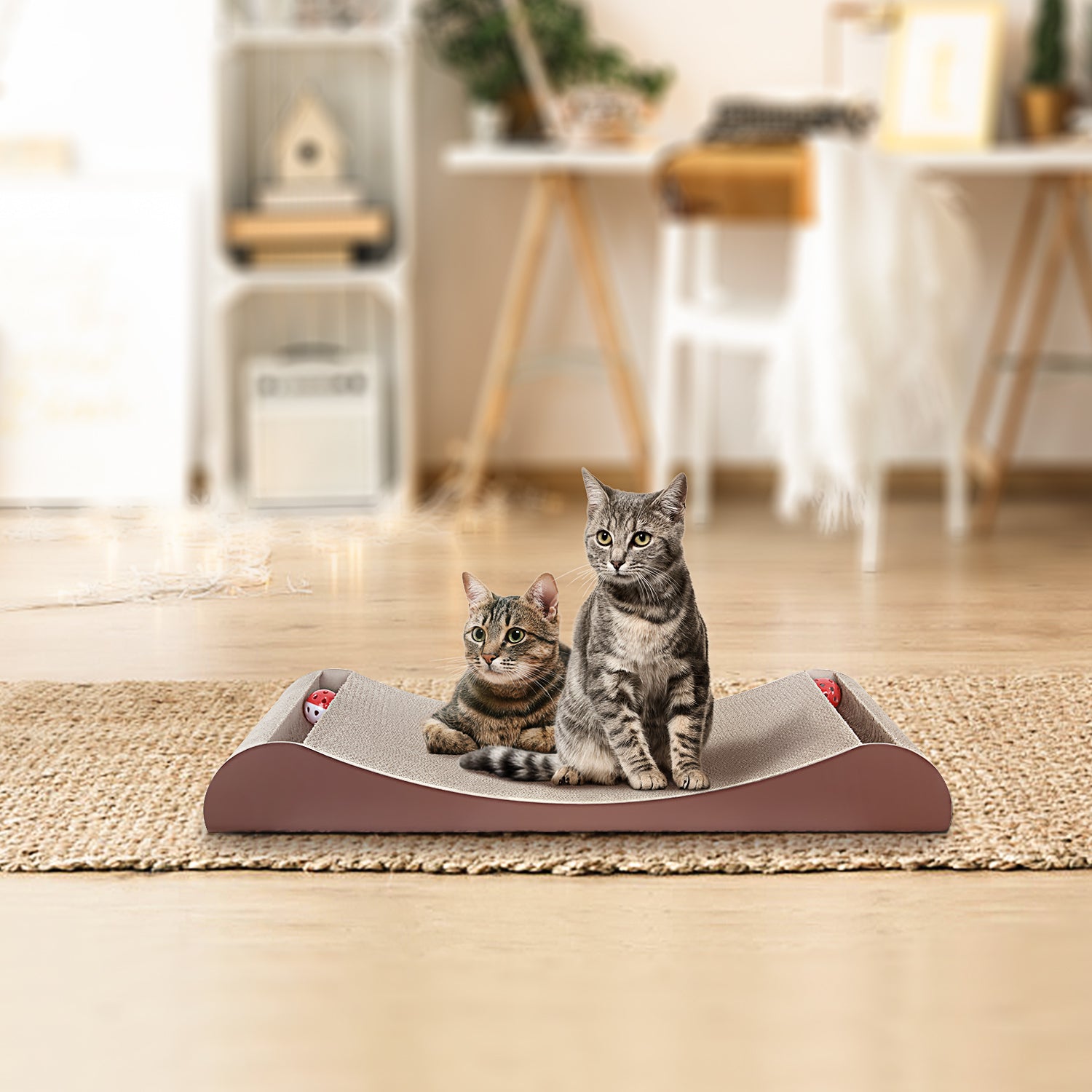 Scratchme Cat Scratcher Cardboard Lounge Bed With Bell Ball Toy Brown Solid Wood
