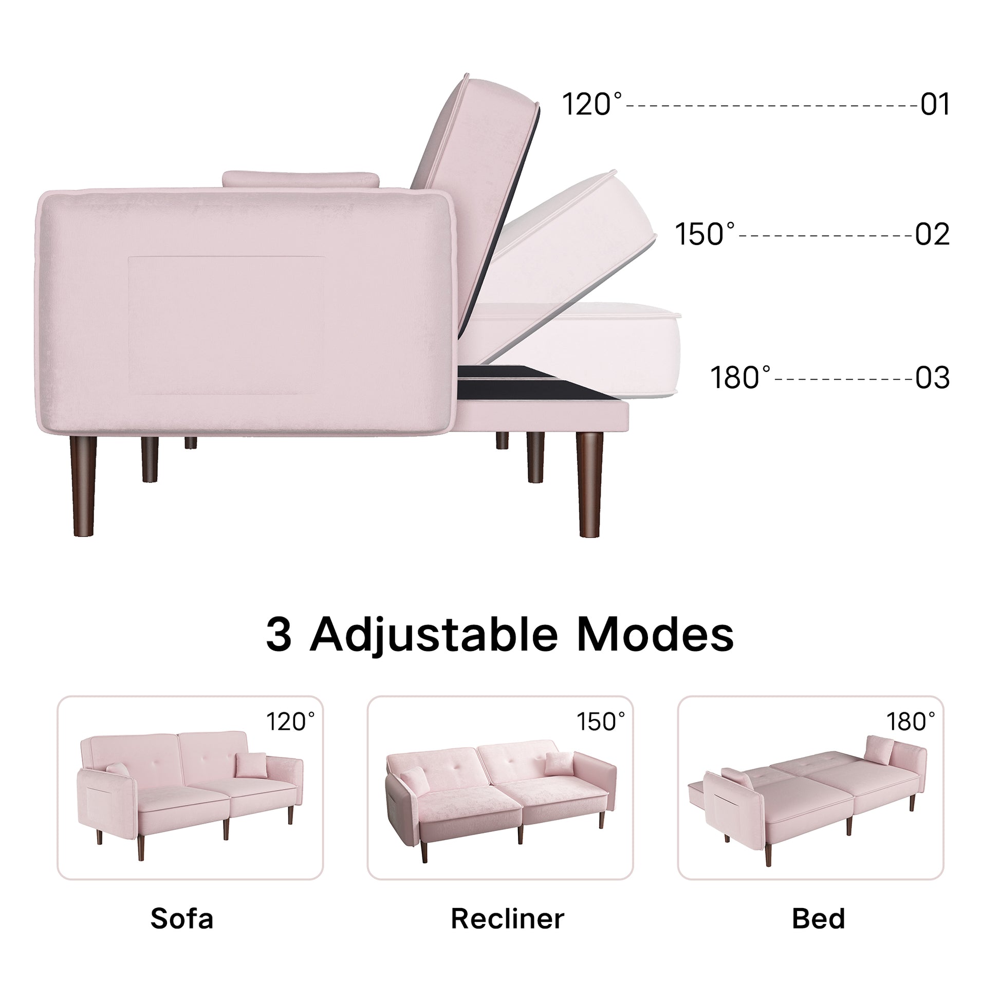 Convertible Sofa Bed With Wood Legs In Velvet Pink Pink Foam Velvet