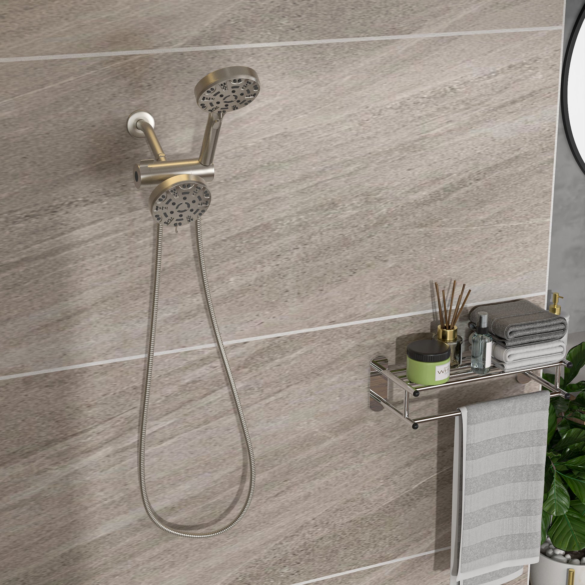 Multi Function Dual Shower Head Shower System With 4.7" Rain Showerhead, 8 Function Hand Shower, Brushed Nickel Brushed Nickel Plastic