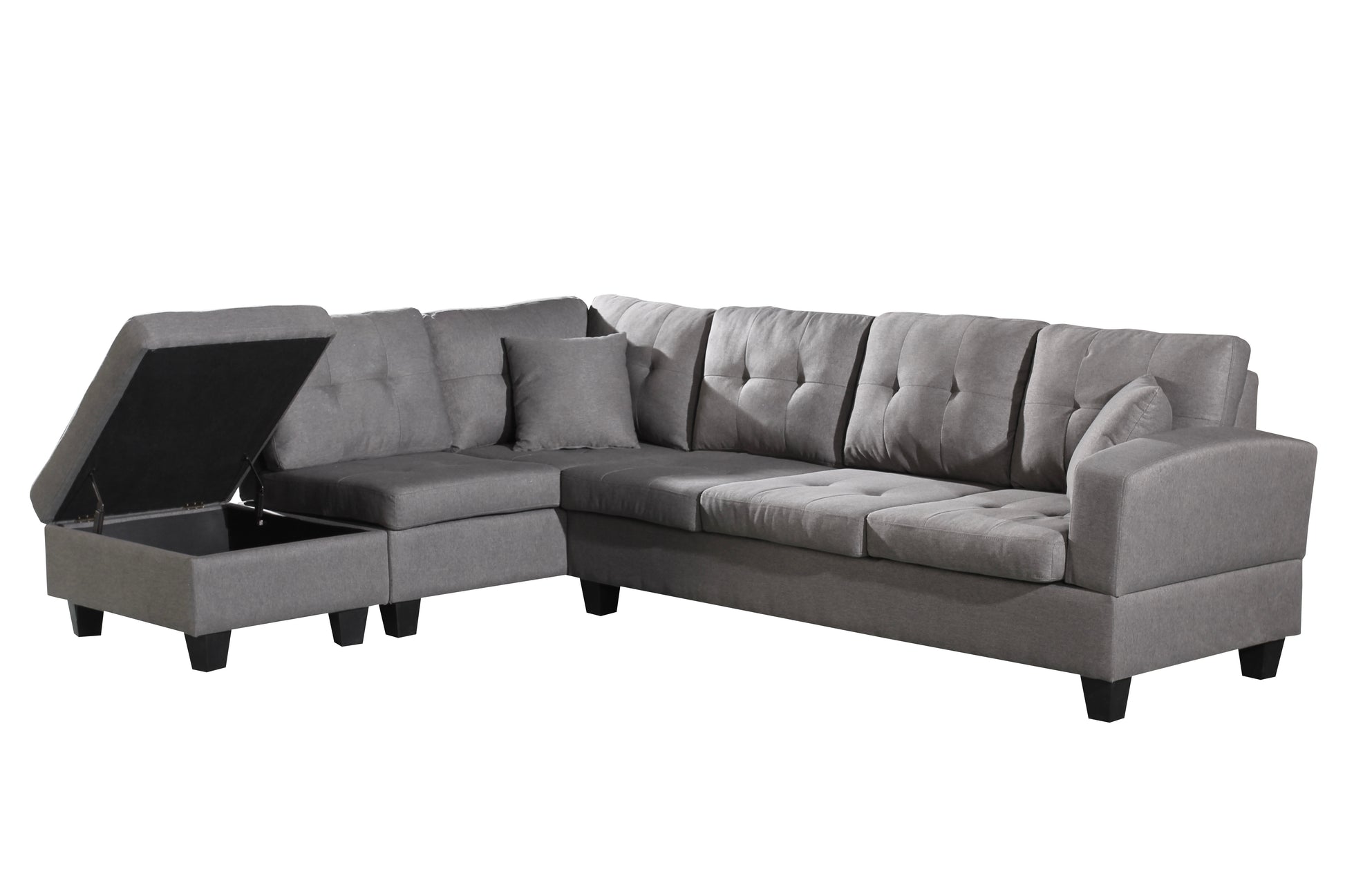 Fabric Left Chaise Living Room Sofa Set With Storage Ottoman Brown Wood Primary Living Space Medium Duty Eucalyptus 6 Seat Grey Polyester Medium Soft Pillow Back American Design,American Traditional Square Arms Foam Fabric