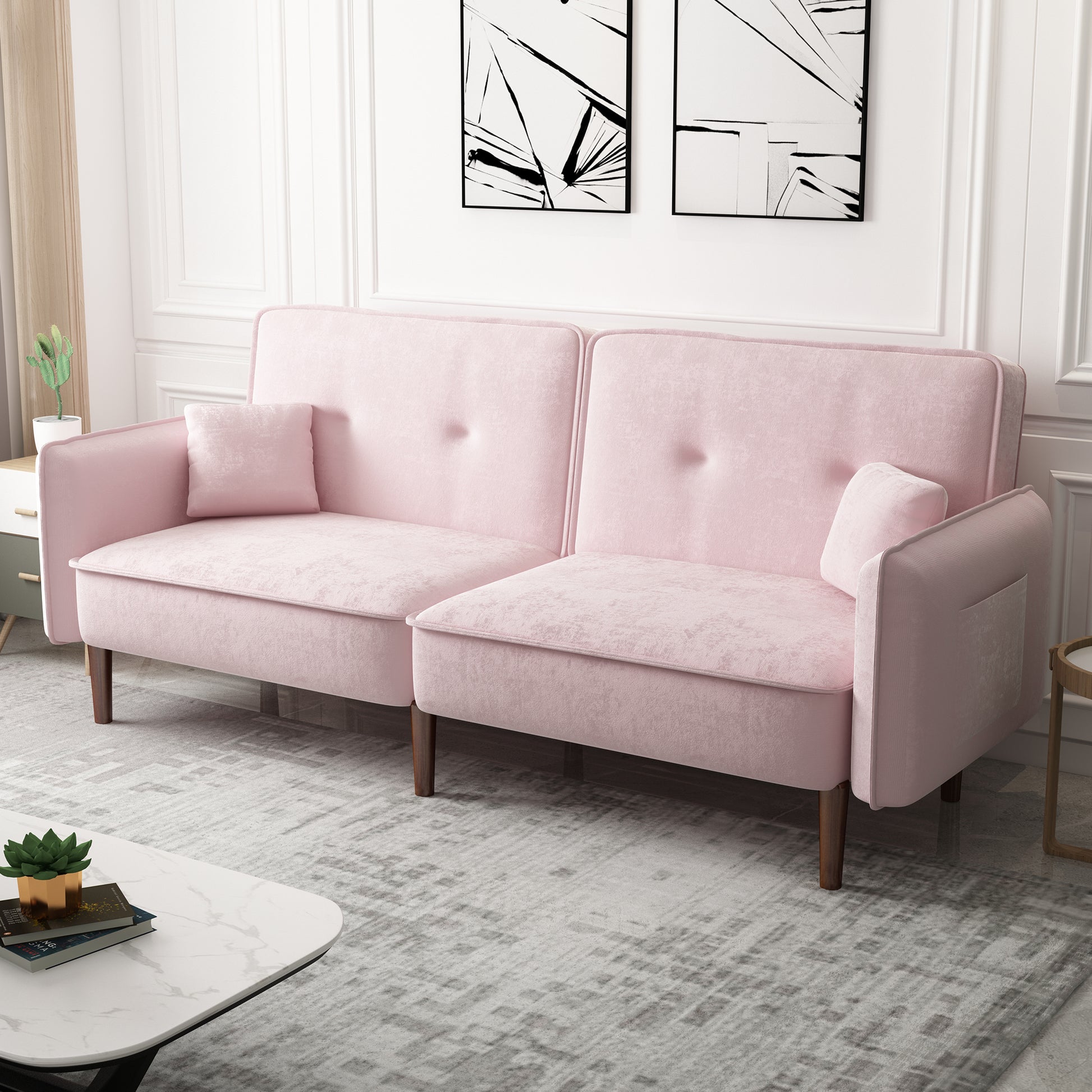 Convertible Sofa Bed With Wood Legs In Velvet Pink Pink Foam Velvet