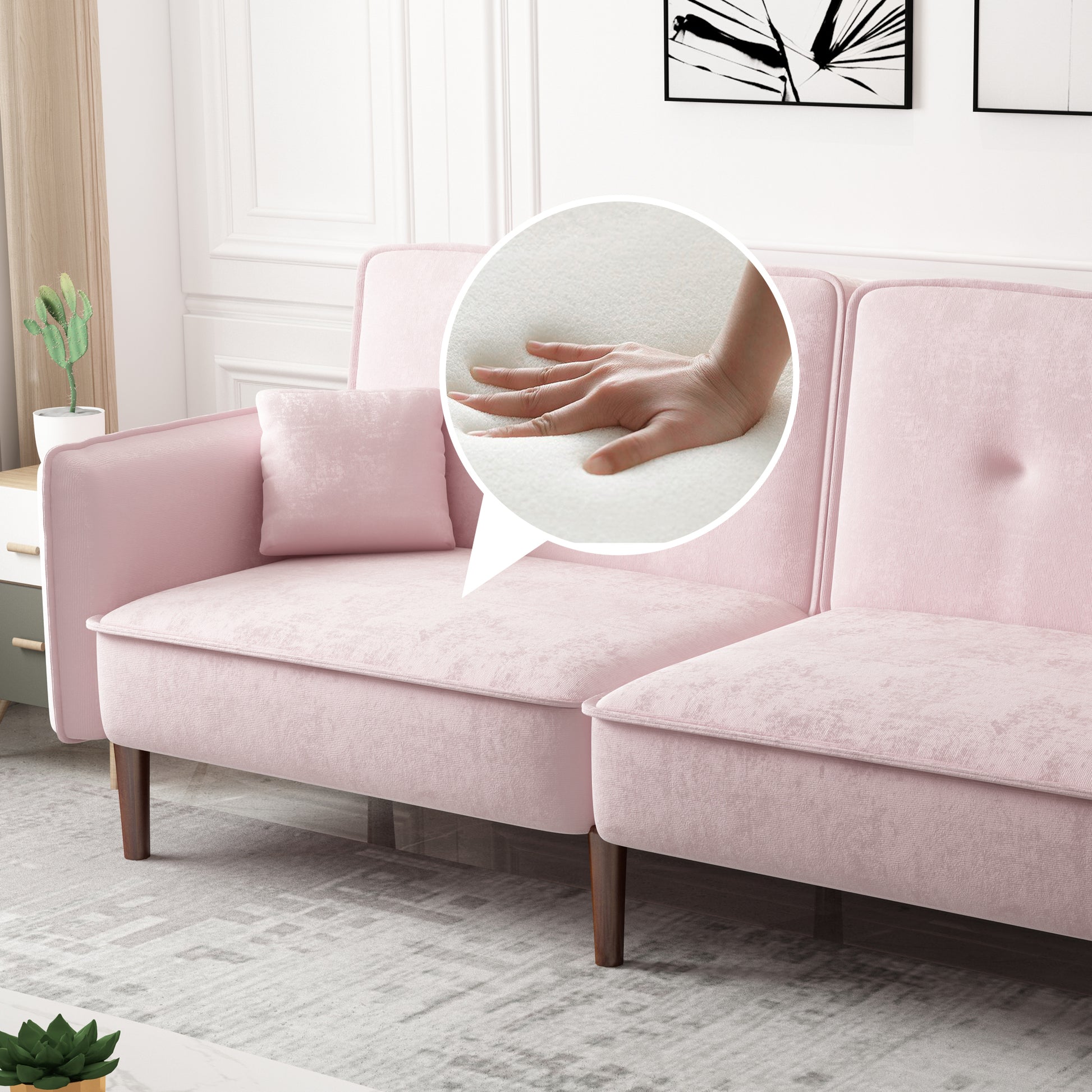 Convertible Sofa Bed With Wood Legs In Velvet Pink Pink Foam Velvet