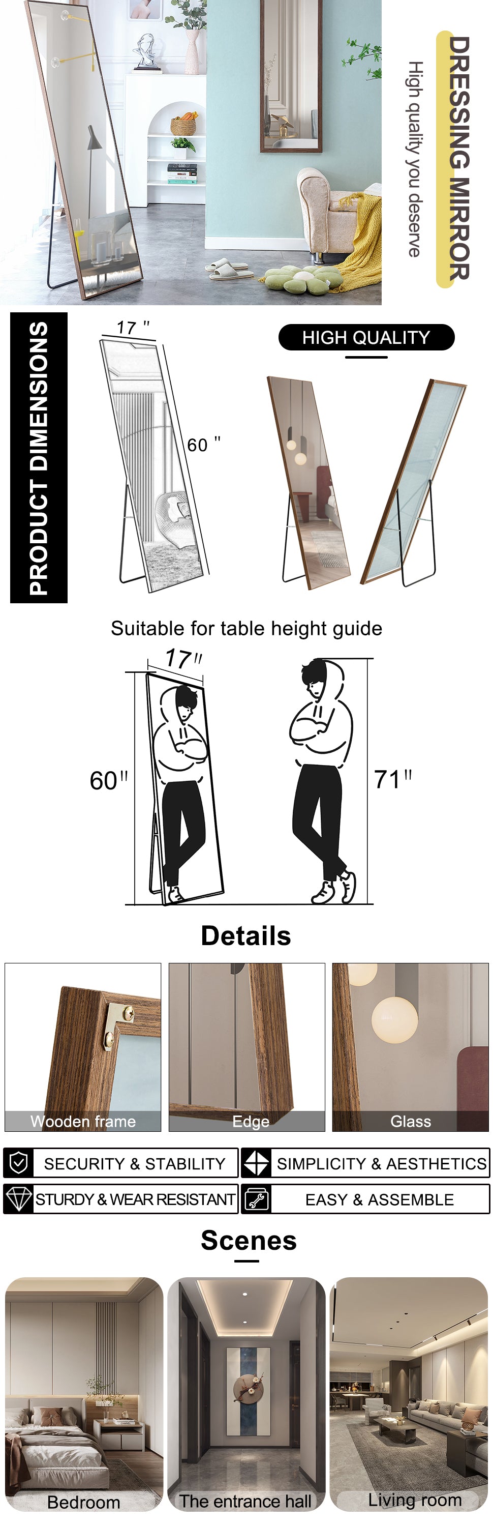 Brown Solid Wood Frame Full Length Mirror, Dressing Mirror, Bedroom Home Porch, Decorative Mirror, Clothing Store, Floor Mounted Large Mirror, Wall Mounted.60"*17" Brown Glass