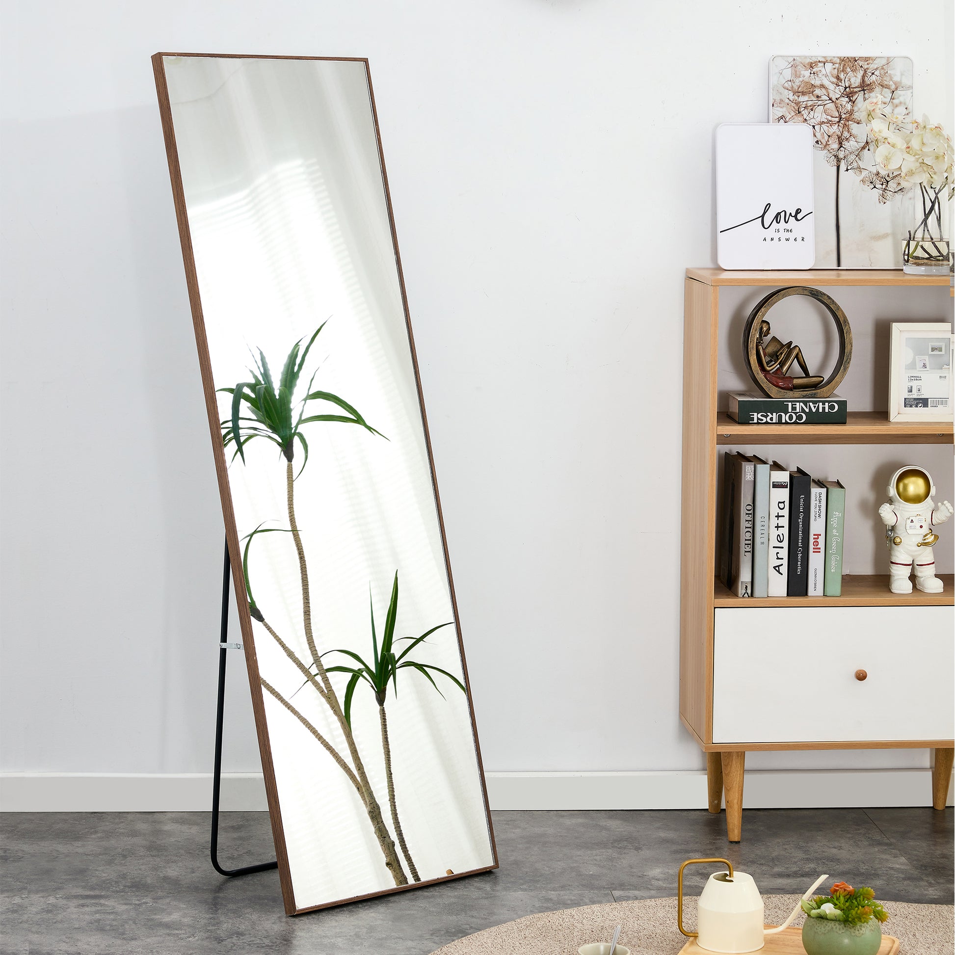 Brown Solid Wood Frame Full Length Mirror, Dressing Mirror, Bedroom Home Porch, Decorative Mirror, Clothing Store, Floor Mounted Large Mirror, Wall Mounted.60"*17" Brown Glass