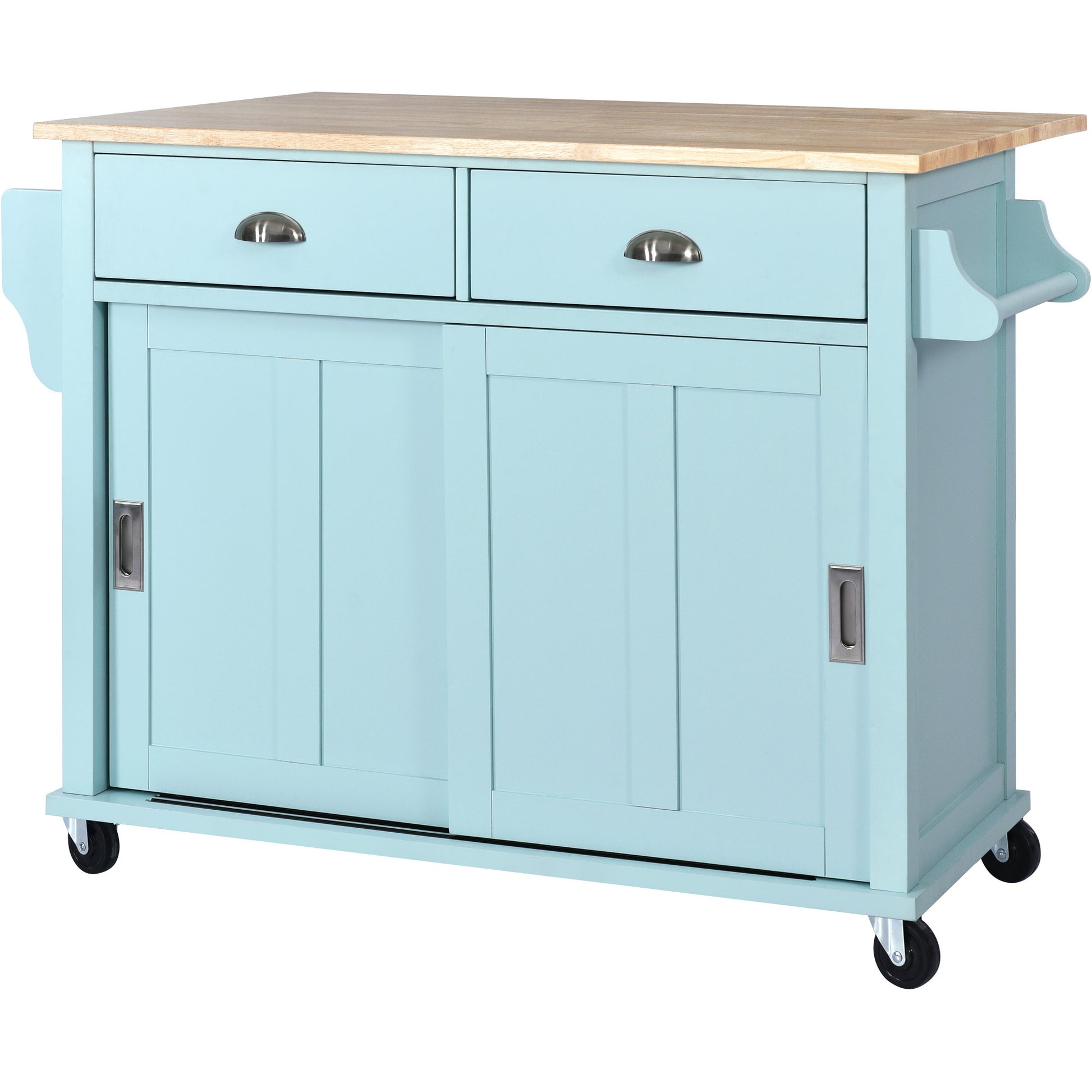 Kitchen Cart With Rubber Wood Drop Leaf Countertop, Concealed Sliding Barn Door Adjustable Height,Kitchen Island On 4 Wheels With Storage Cabinet And 2 Drawers,L52.2Xw30.5Xh36.6 Inch, Mint Green Mint Green Mdf
