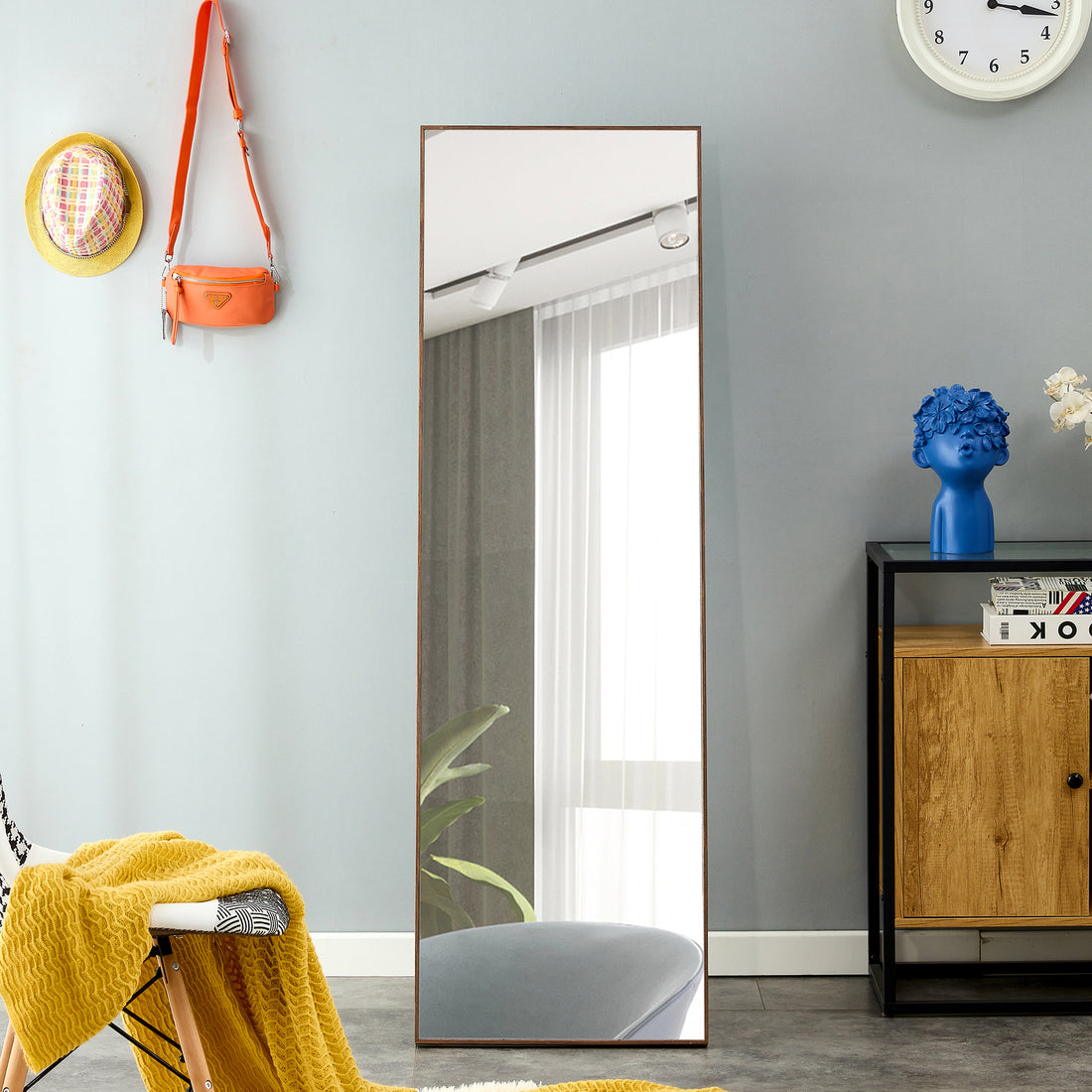 Brown Solid Wood Frame Full Length Mirror, Dressing Mirror, Bedroom Home Porch, Decorative Mirror, Clothing Store, Floor Mounted Large Mirror, Wall Mounted.63"*19" Brown Glass