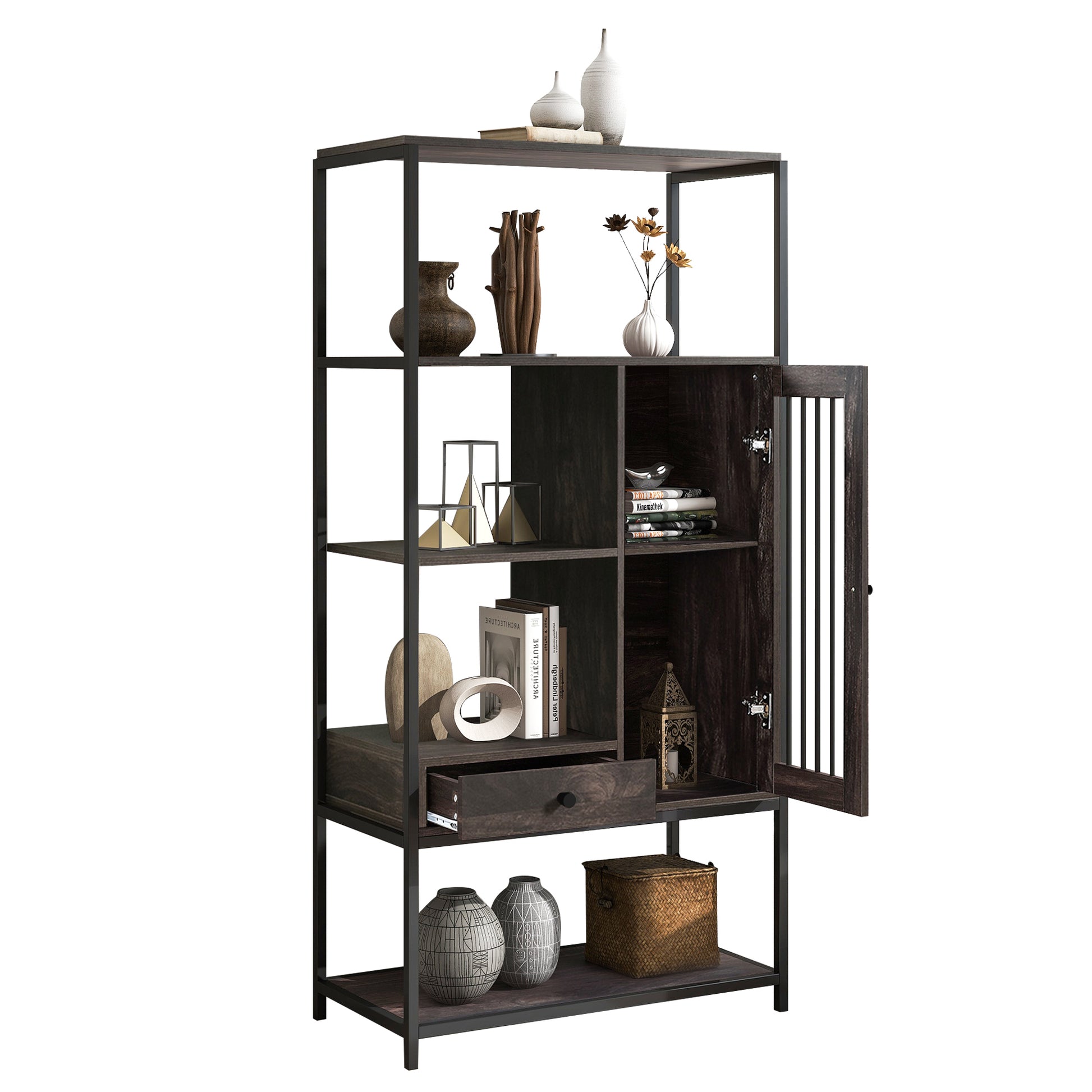 Home Office Bookcase And Bookshelf 5 Tier Display Shelf With Doors And Drawers, Freestanding Multi Functional Decorative Storage Shelving, Vintage Brown Industrial Style Brown Brown Mdf