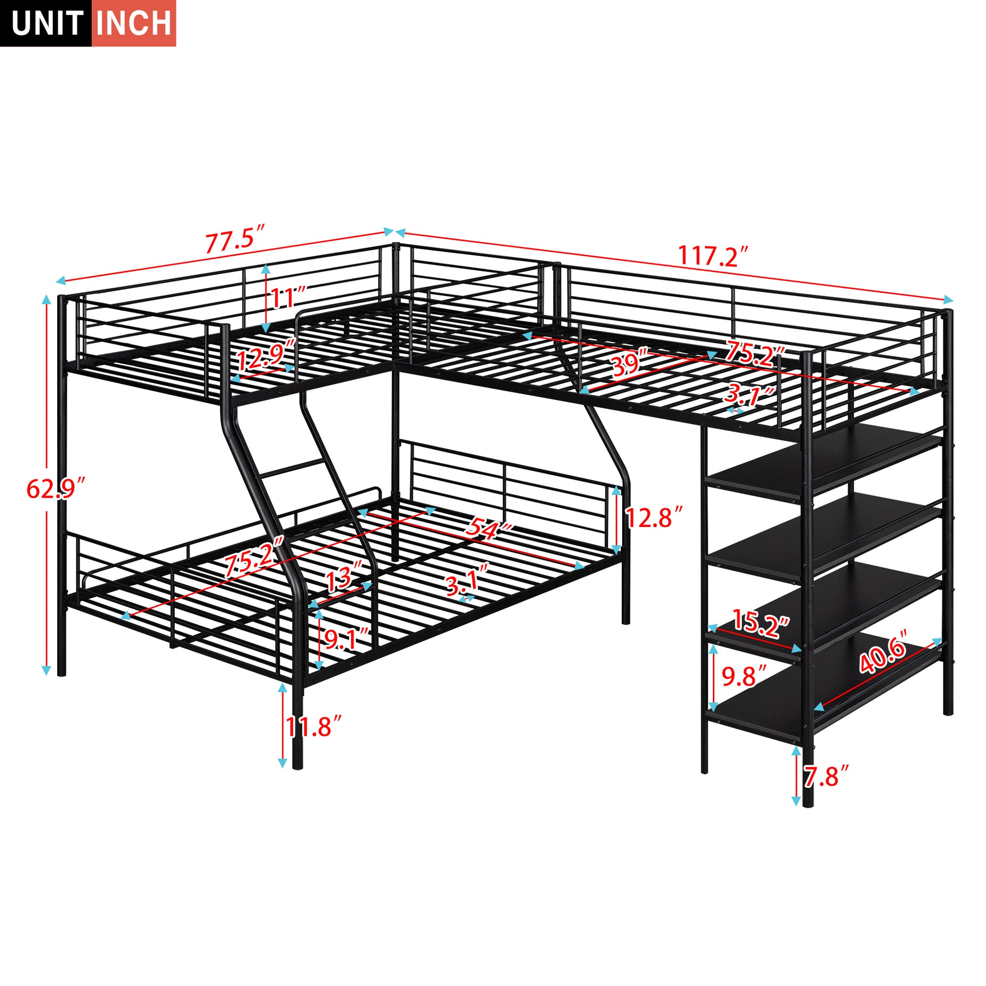 L Shaped Metal Twin Over Full Bunk Bed And Twin Size Loft Bed With Four Built In Shelves,Black Black Metal