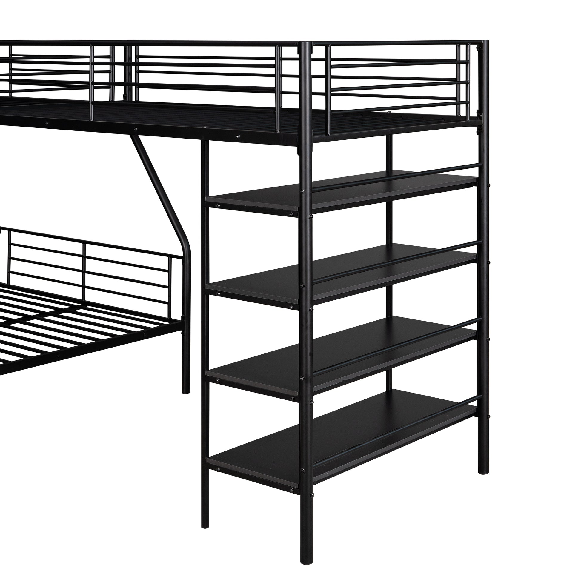 L Shaped Metal Twin Over Full Bunk Bed And Twin Size Loft Bed With Four Built In Shelves,Black Black Metal