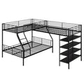 L Shaped Metal Twin Over Full Bunk Bed And Twin Size Loft Bed With Four Built In Shelves,Black Black Metal