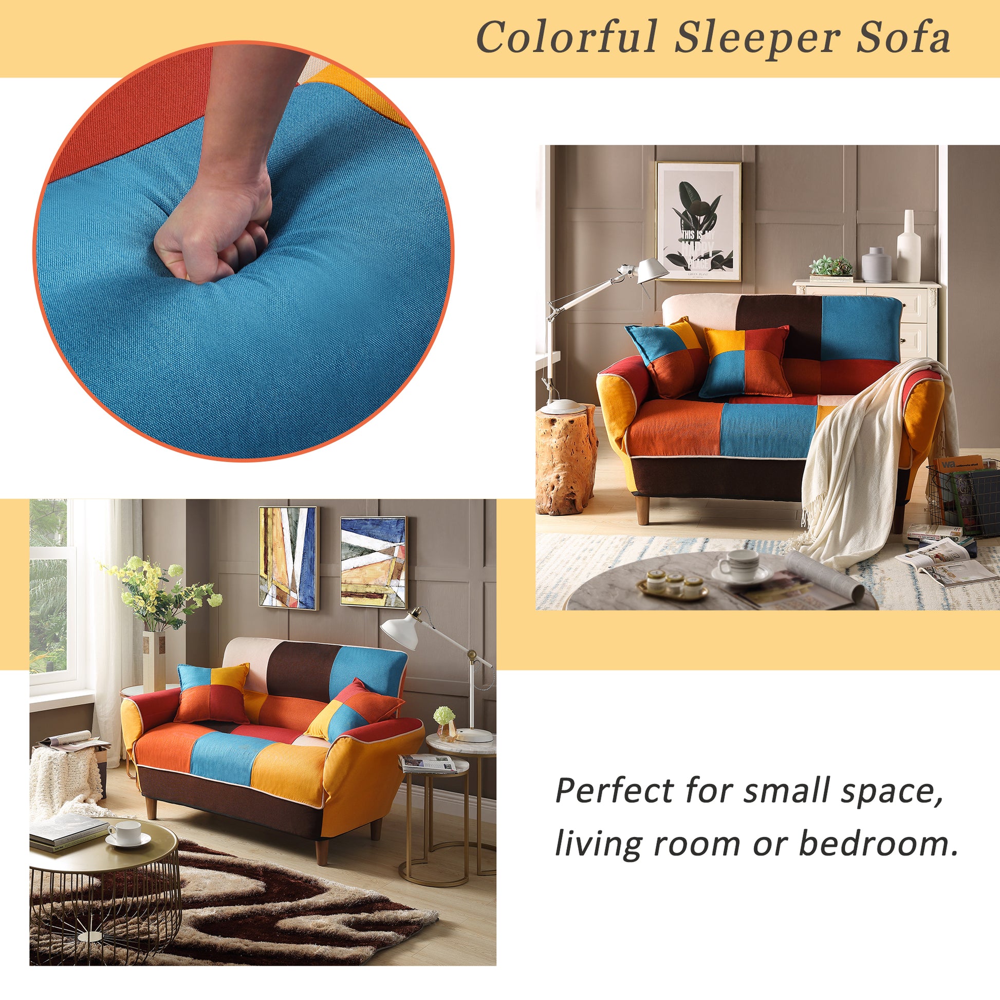 Small Space Colorful Sleeper Sofa, Solid Wood Legs Colorful Polyester