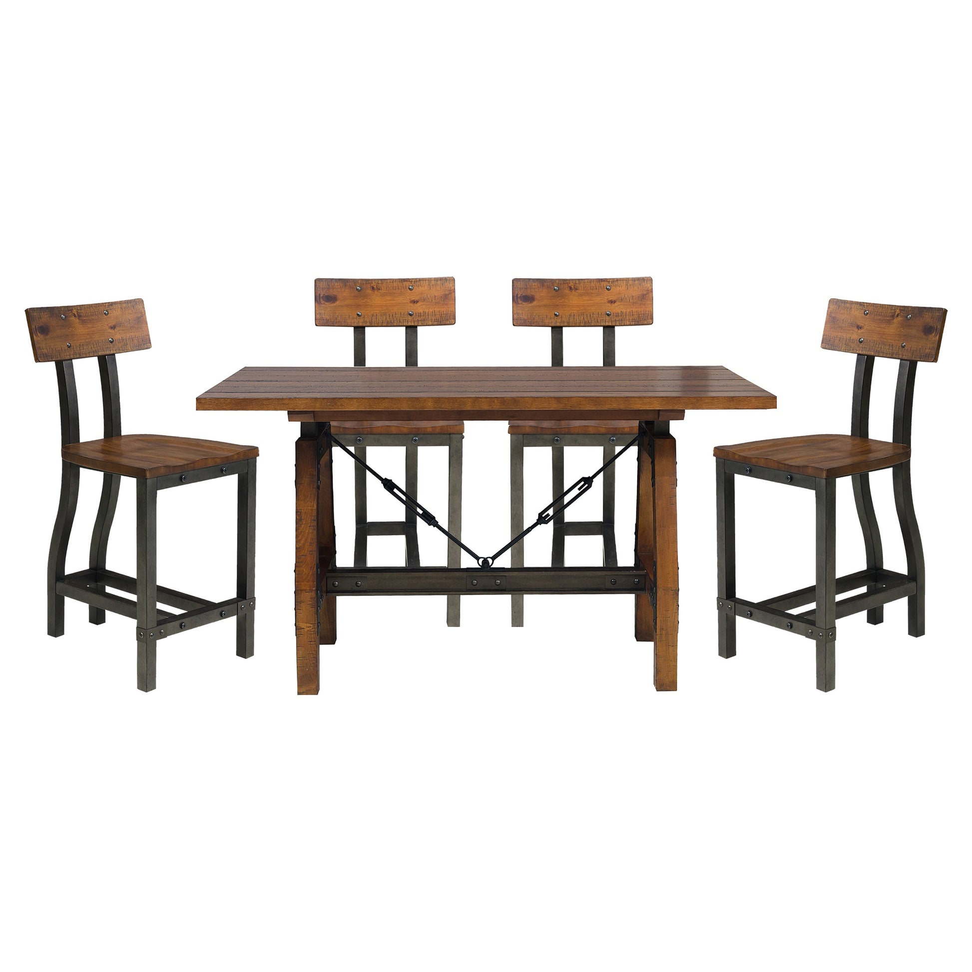 Rustic Brown And Gunmetal Finish 5Pc Dining Set Counter Height Table And 4X Counter Height Chairs Industrial Design Wooden Dining Furniture Multicolor Seats 4 Dining Room Industrial,Rustic