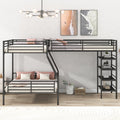 L Shaped Metal Twin Over Full Bunk Bed And Twin Size Loft Bed With Four Built In Shelves,Black Black Metal