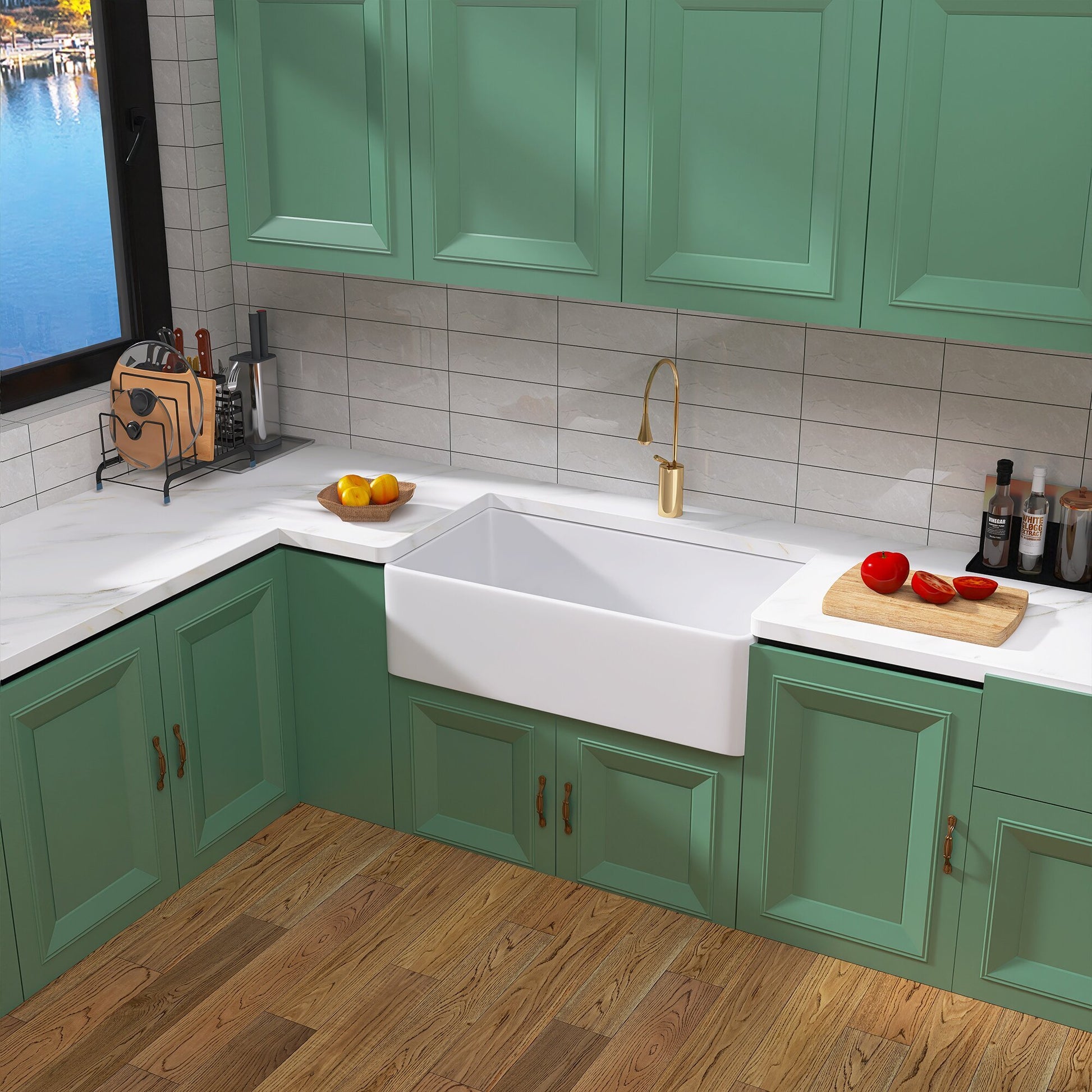 33 Inch Fireclay Farmhouse Kitchen Sink White Single Bowl Apron Front Kitchen Sink, Bottom Grid And Kitchen Sink Drain Included Natural Kitchen Modern Fireclay