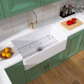 33 Inch Fireclay Farmhouse Kitchen Sink White Single Bowl Apron Front Kitchen Sink, Bottom Grid And Kitchen Sink Drain Included Natural Kitchen Modern Fireclay