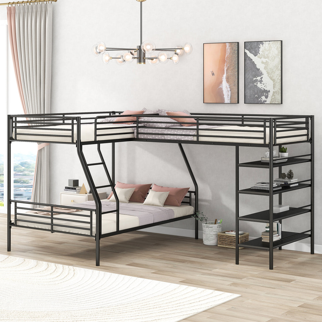 L Shaped Metal Twin Over Full Bunk Bed And Twin Size Loft Bed With Four Built In Shelves,Black Black Metal