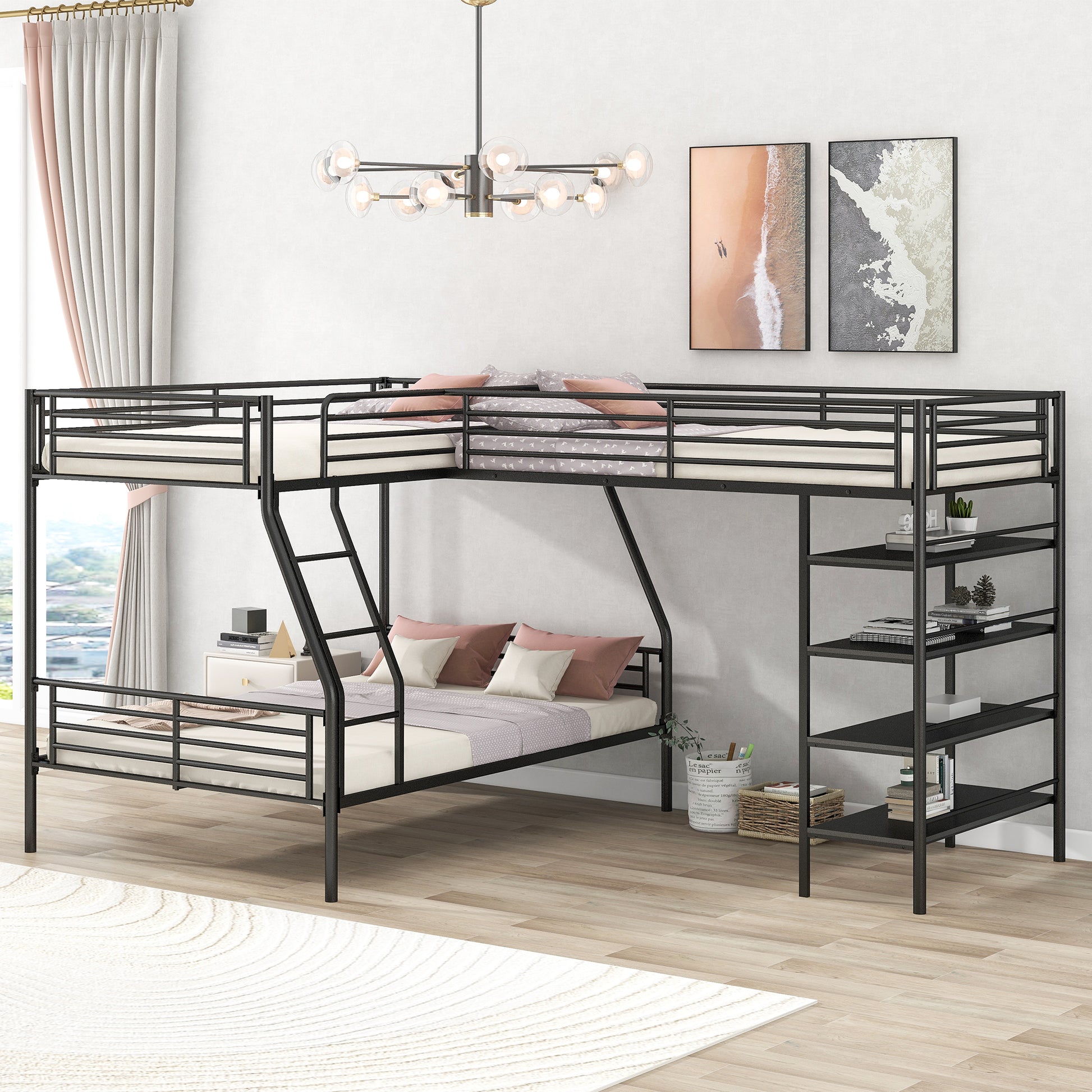 L Shaped Metal Twin Over Full Bunk Bed And Twin Size Loft Bed With Four Built In Shelves,Black Black Metal