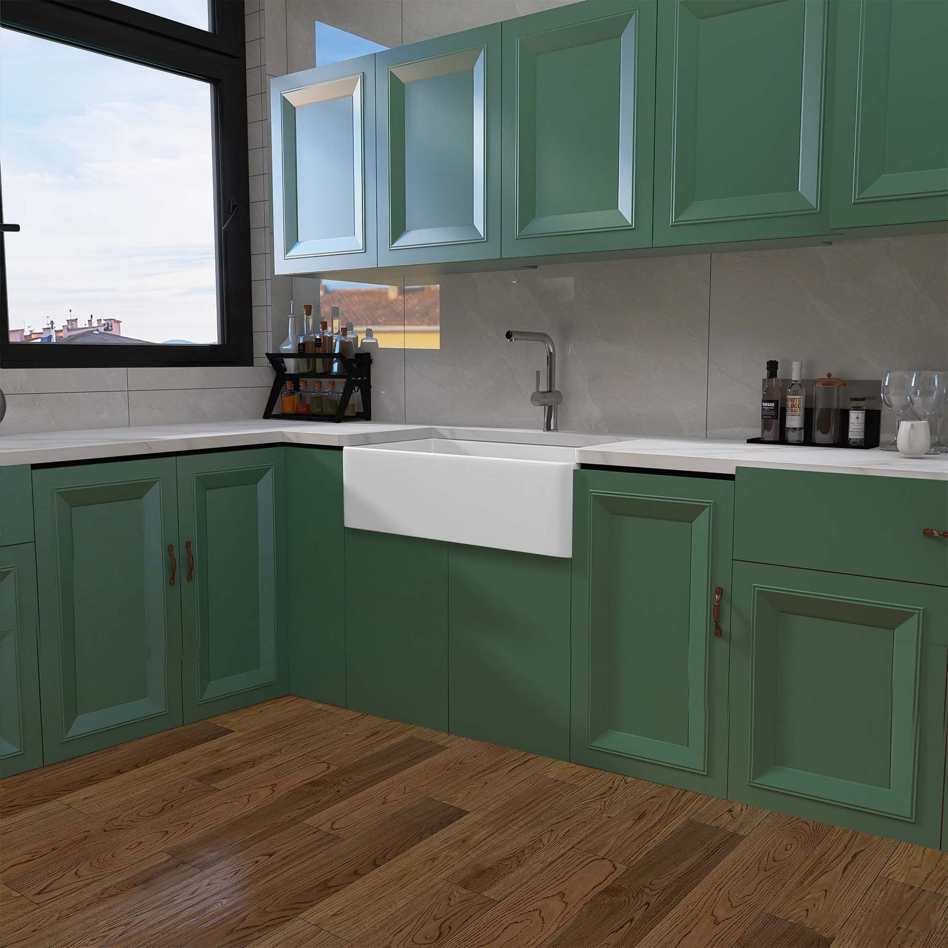 33 Inch Fireclay Farmhouse Kitchen Sink White Single Bowl Apron Front Kitchen Sink, Bottom Grid And Kitchen Sink Drain Included Natural Kitchen Modern Fireclay