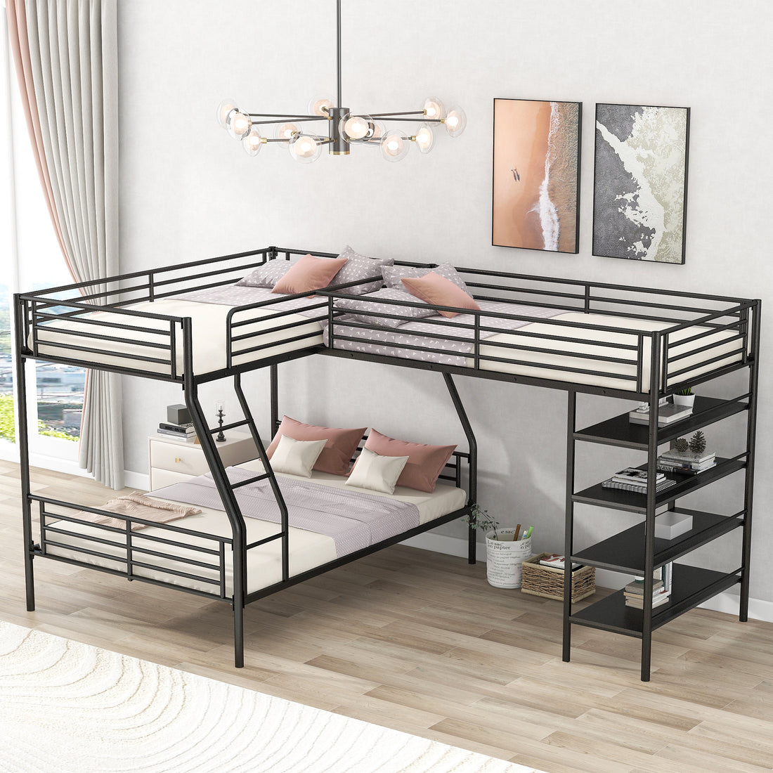 L Shaped Metal Twin Over Full Bunk Bed And Twin Size Loft Bed With Four Built In Shelves,Black Black Metal