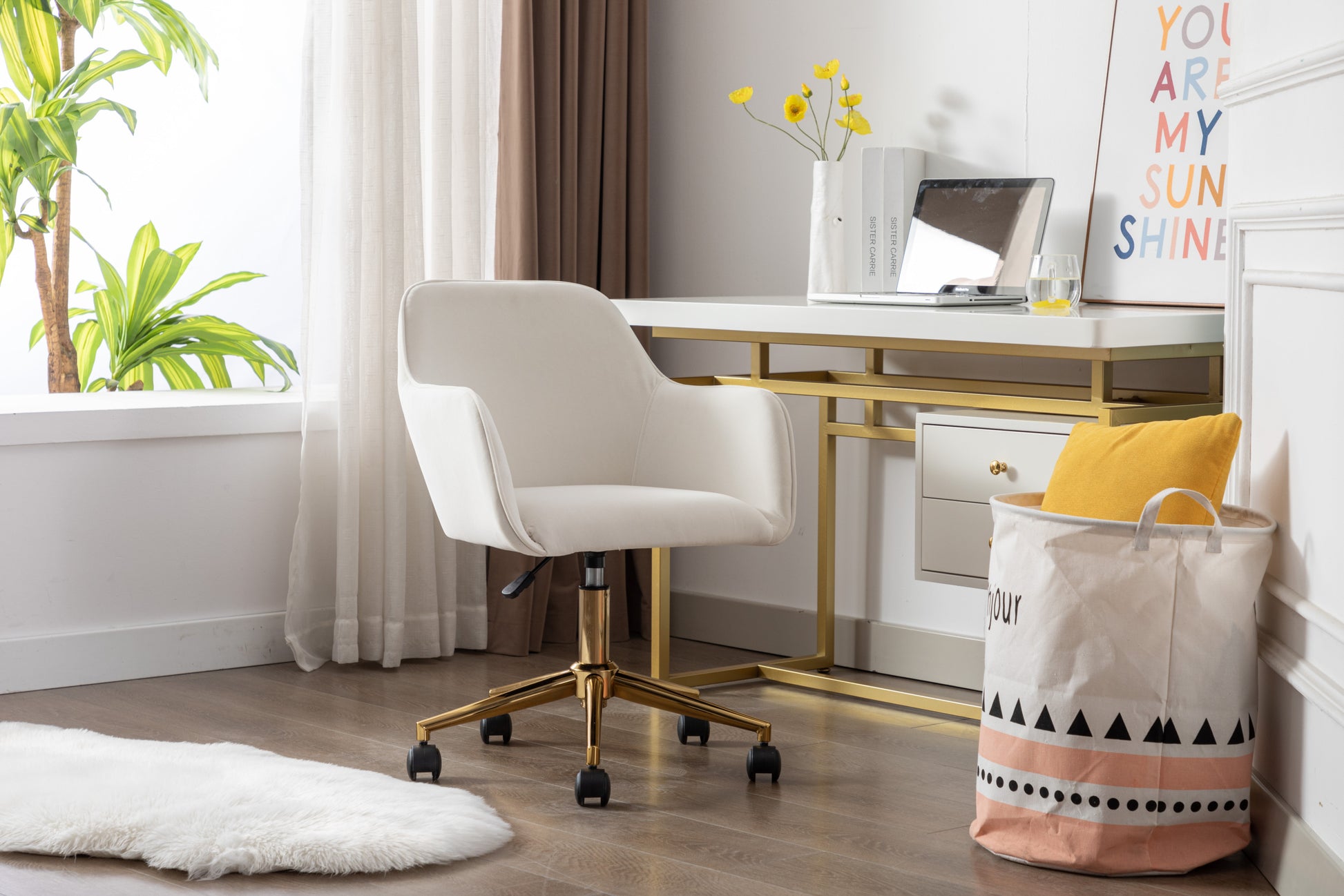 Modern Velvet Fabric Material Adjustable Height 360 Revolving Home Office Chair With Gold Metal Legs And Universal Wheels For Indoor,Ivory Ivory Foam Velvet