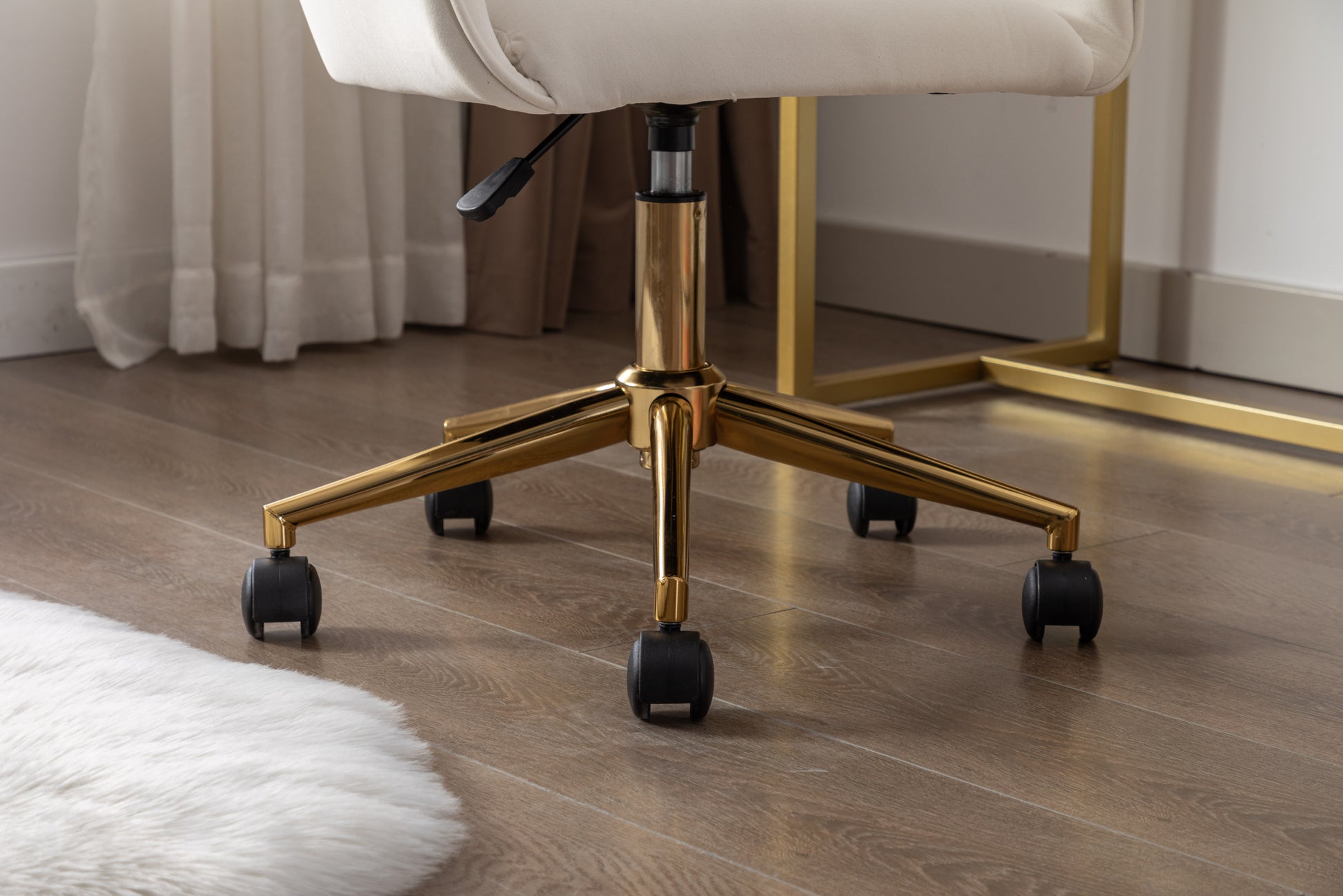 Modern Velvet Fabric Material Adjustable Height 360 Revolving Home Office Chair With Gold Metal Legs And Universal Wheels For Indoor,Ivory Ivory Foam Velvet