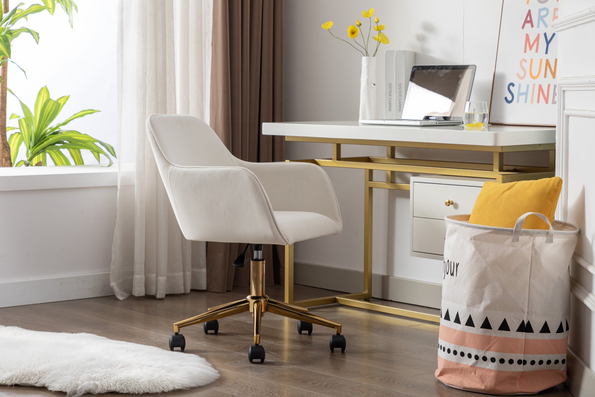 Modern Velvet Fabric Material Adjustable Height 360 Revolving Home Office Chair With Gold Metal Legs And Universal Wheels For Indoor,Ivory Ivory Foam Velvet