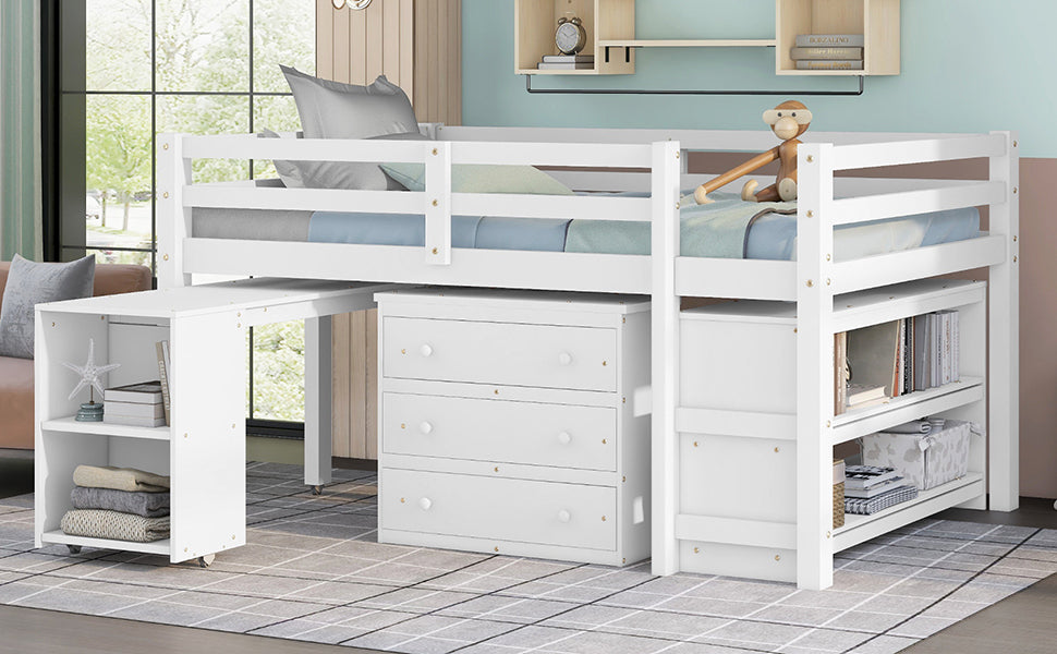 Low Study Full Loft Bed With Cabinet ,Shelves And Rolling Portable Desk ,Multiple Functions Bed White White Solid Wood