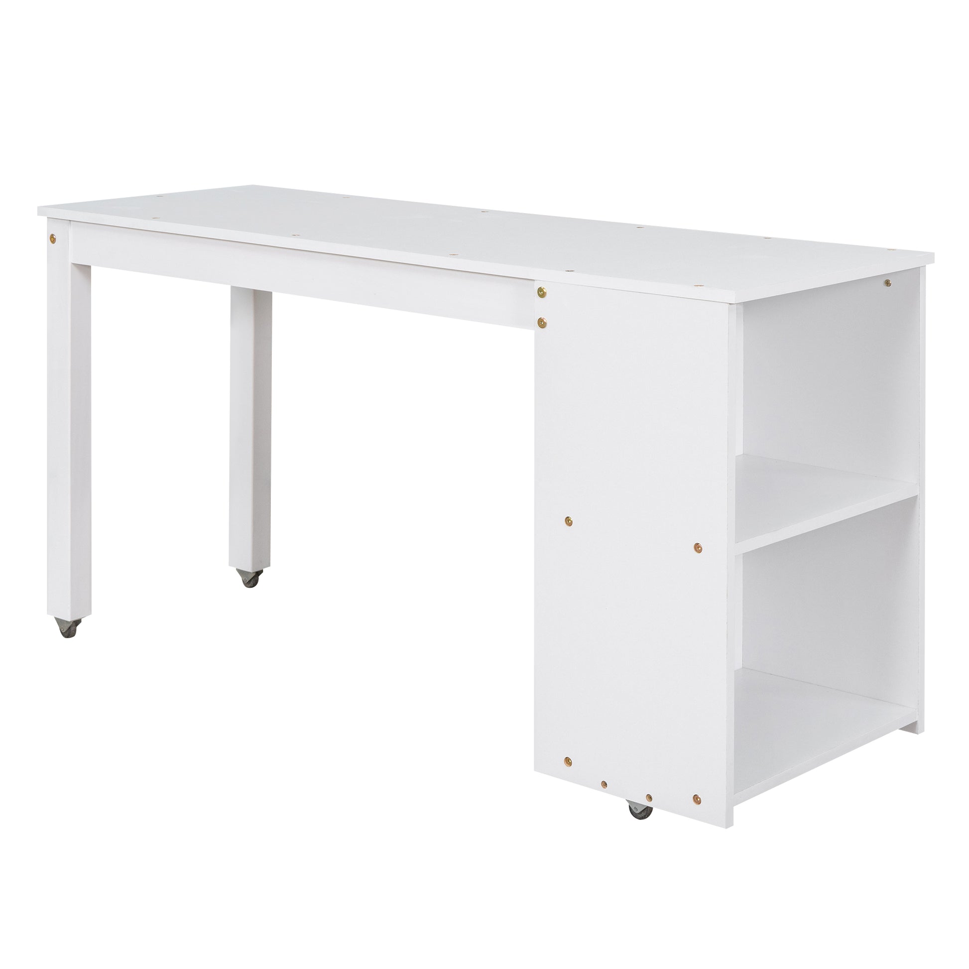 Low Study Full Loft Bed With Cabinet ,Shelves And Rolling Portable Desk ,Multiple Functions Bed White White Solid Wood