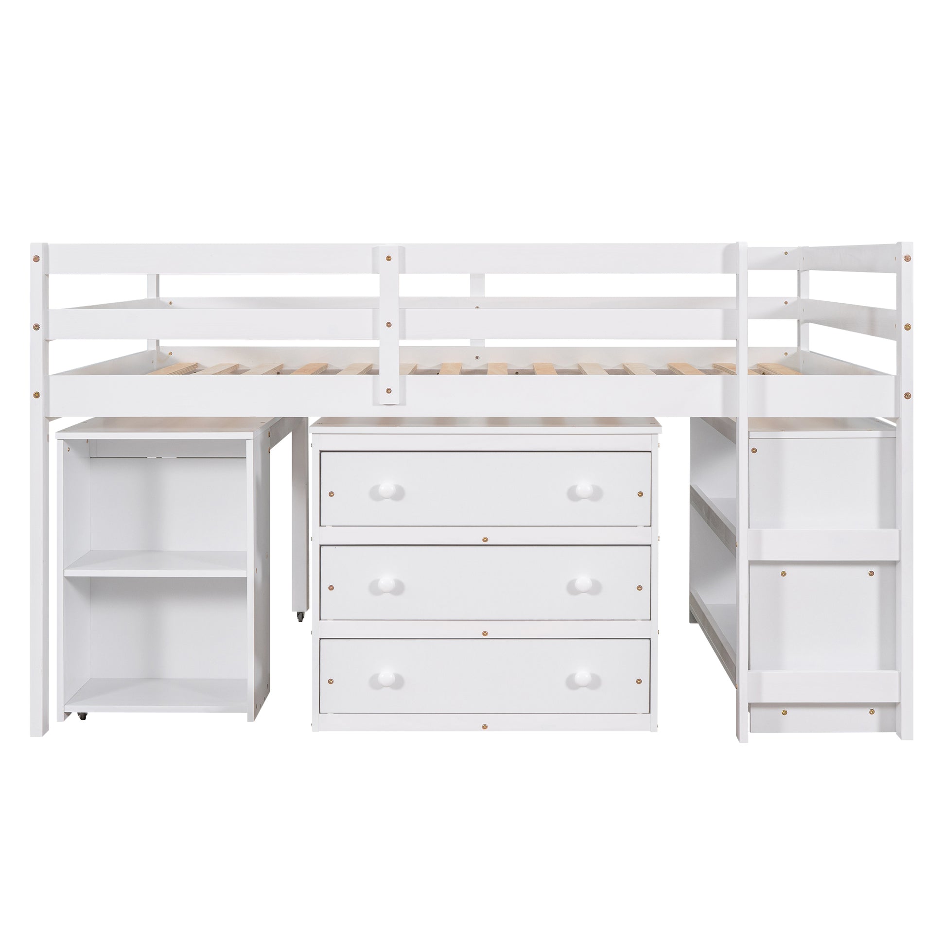 Low Study Full Loft Bed With Cabinet ,Shelves And Rolling Portable Desk ,Multiple Functions Bed White White Solid Wood