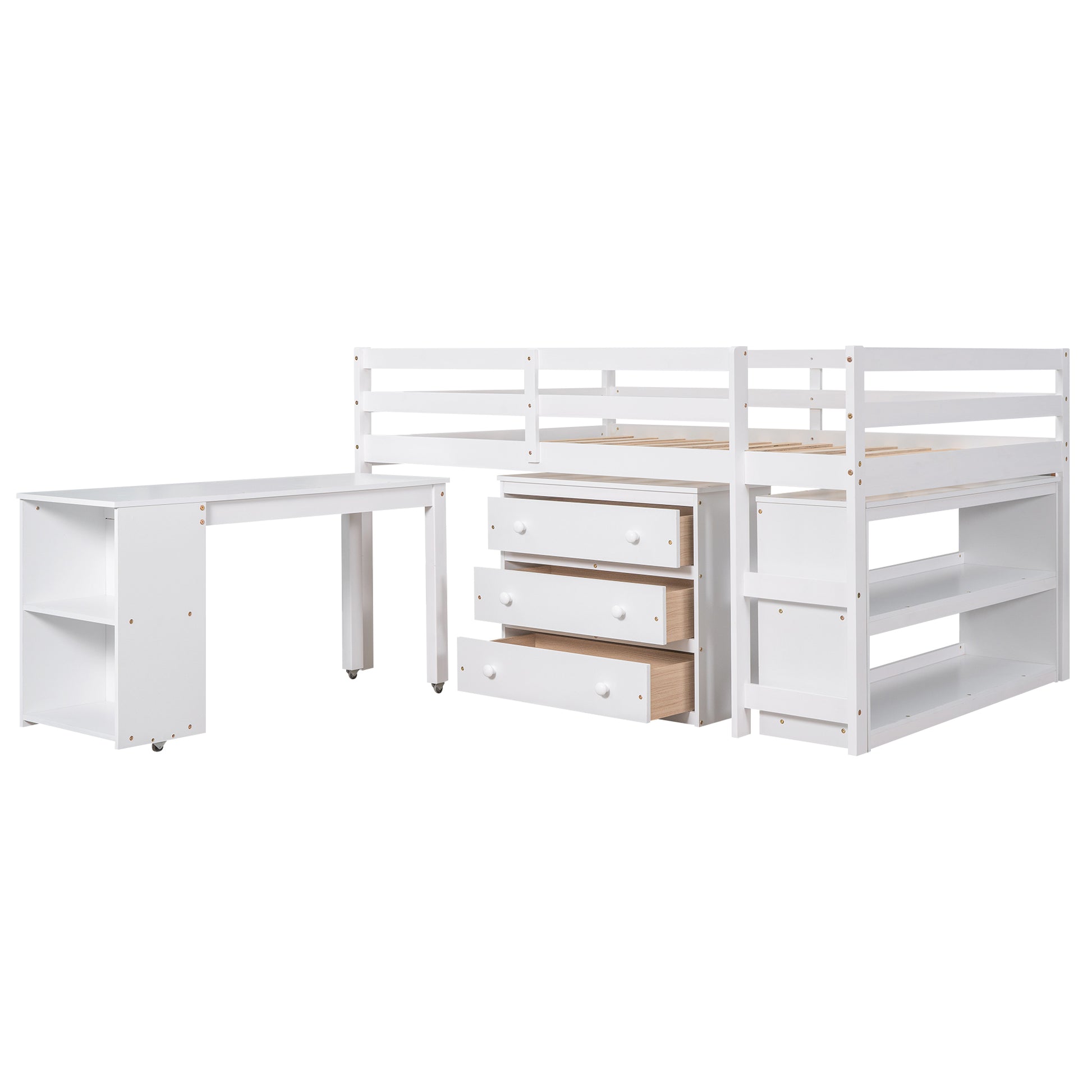 Low Study Full Loft Bed With Cabinet ,Shelves And Rolling Portable Desk ,Multiple Functions Bed White White Solid Wood