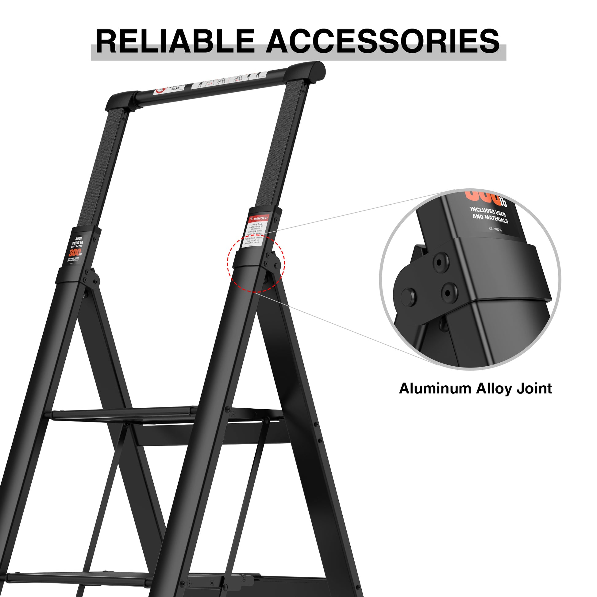 3 Step Ladder, Retractable Handgrip Folding Step Stool With Anti Slip Wide Pedal, Aluminum Stool Ladders 3 Steps, 300Lbs Safety Household Ladder Black Pc Aluminium