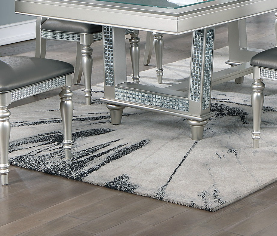 Antique Traditional Dining Table And 6 Side Chairs Rectangle Table Top W Glass Insert Leaf Cut Out Back Chairs Kitchen Formal 7Pc Set Dining Room Furniture Silver Gray Dining Room
