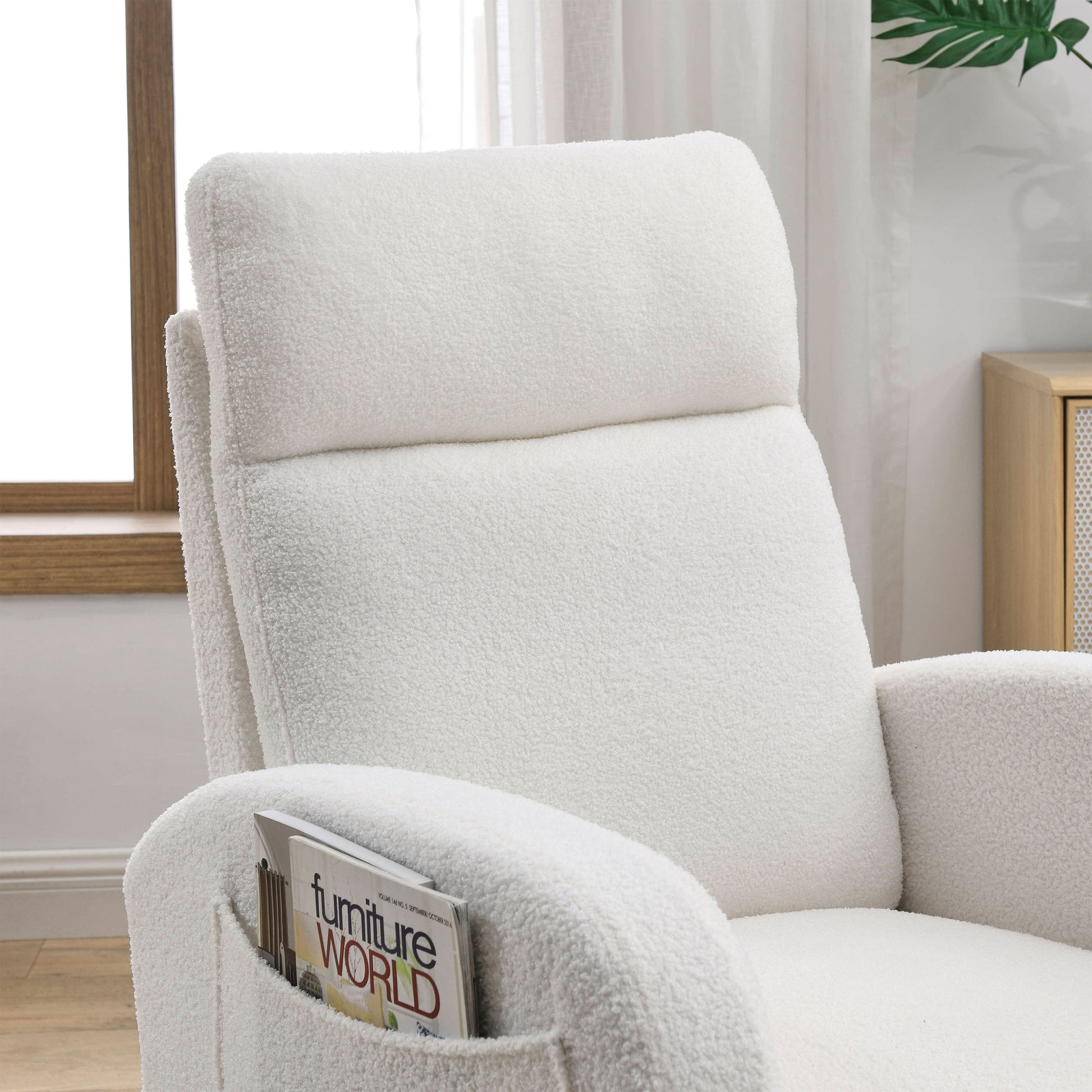 Video Welike 27.6"W Modern Accent High Backrest Living Room Lounge Arm Rocking Chair, Two Side Pocket ,Teddy White Ivory Ivory Foam Fabric