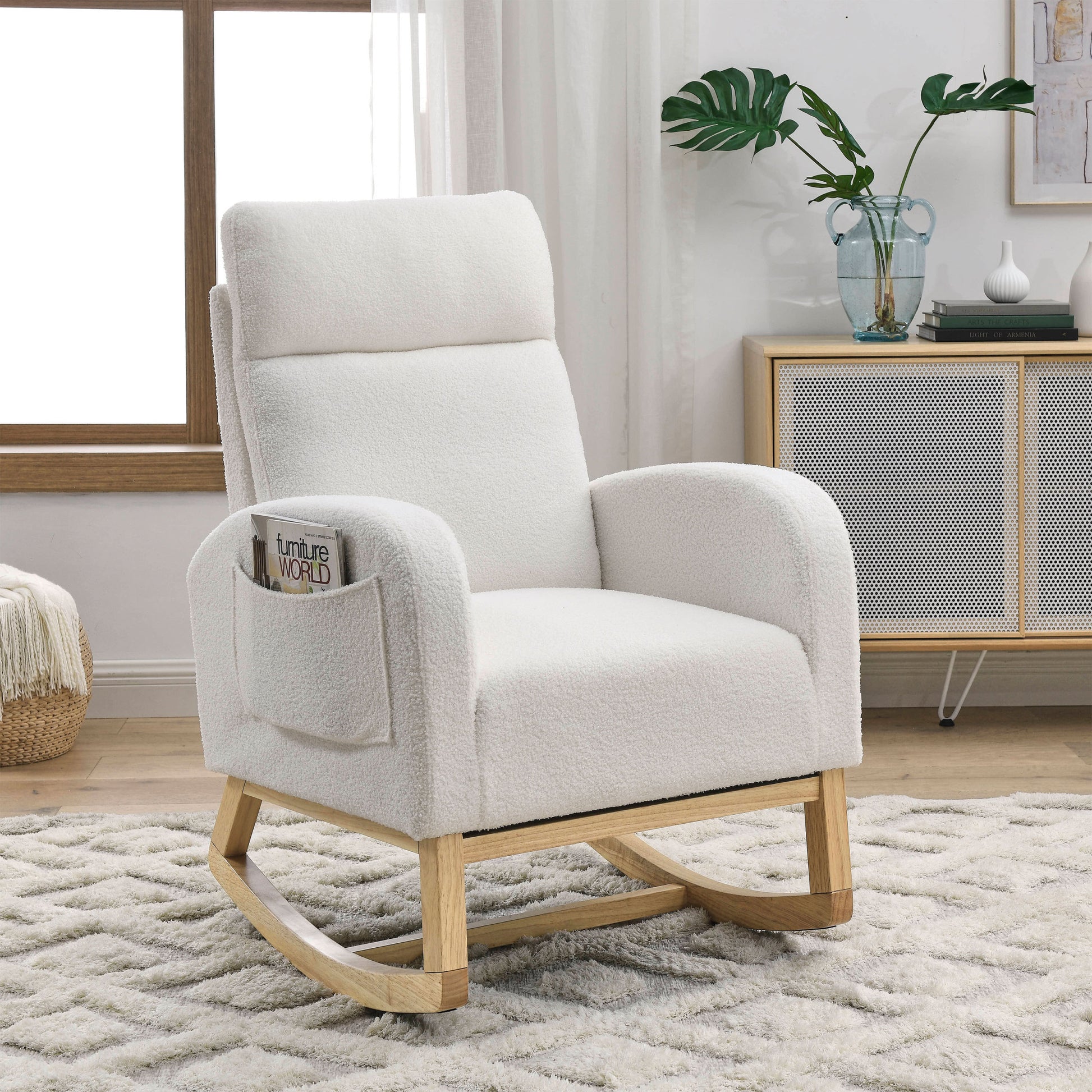 Video Welike 27.6"W Modern Accent High Backrest Living Room Lounge Arm Rocking Chair, Two Side Pocket ,Teddy White Ivory Ivory Foam Fabric