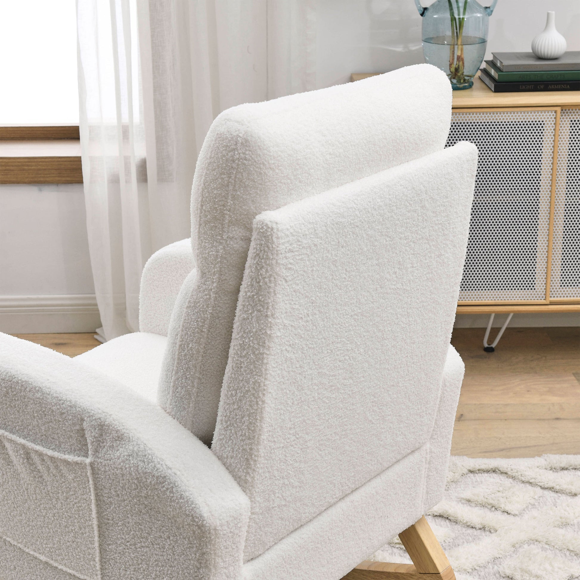 Video Welike 27.6"W Modern Accent High Backrest Living Room Lounge Arm Rocking Chair, Two Side Pocket ,Teddy White Ivory Ivory Foam Fabric
