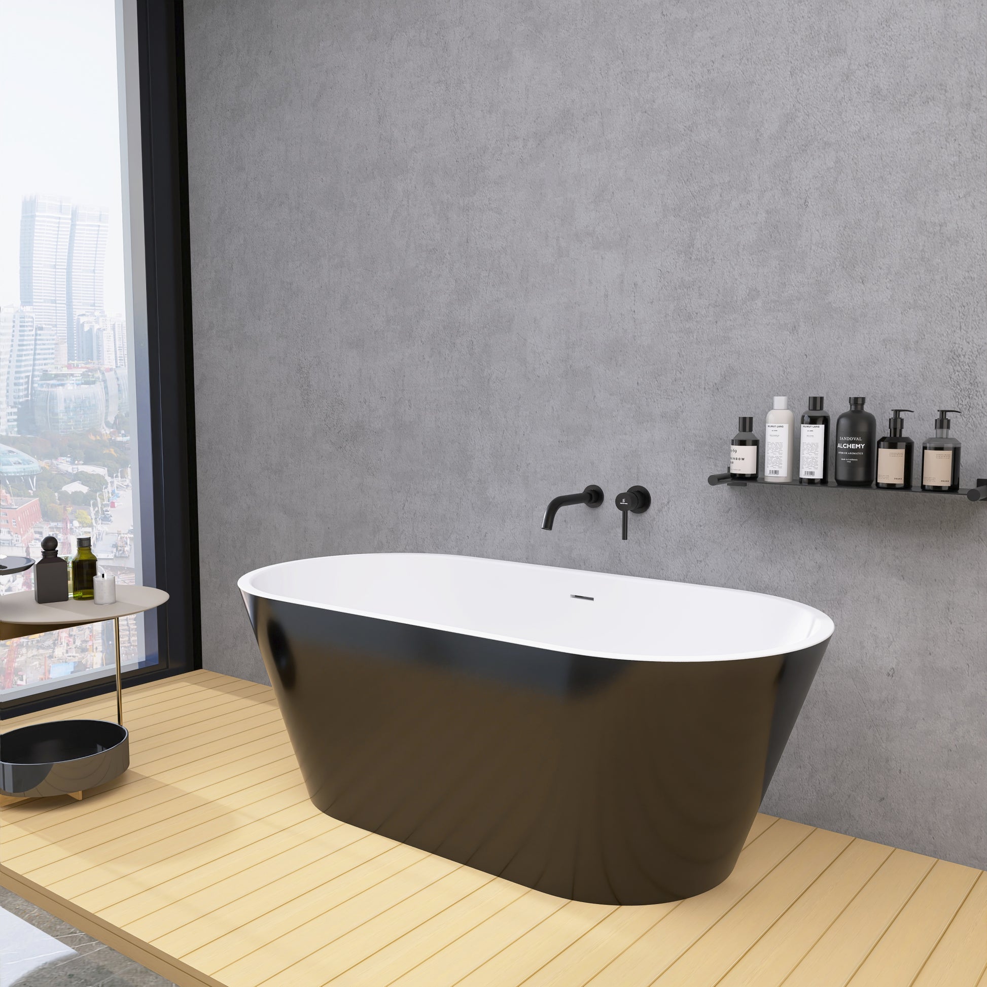 59" Acrylic Free Standing Tub Classic Oval Shape Soaking Tub, Adjustable Freestanding Bathtub With Integrated Slotted Overflow And Chrome Pop Up Drain Anti Clogging Gloss Black Black Oval Bathroom Freestanding Tubs Polished 59 61 In Modern Soaking Center