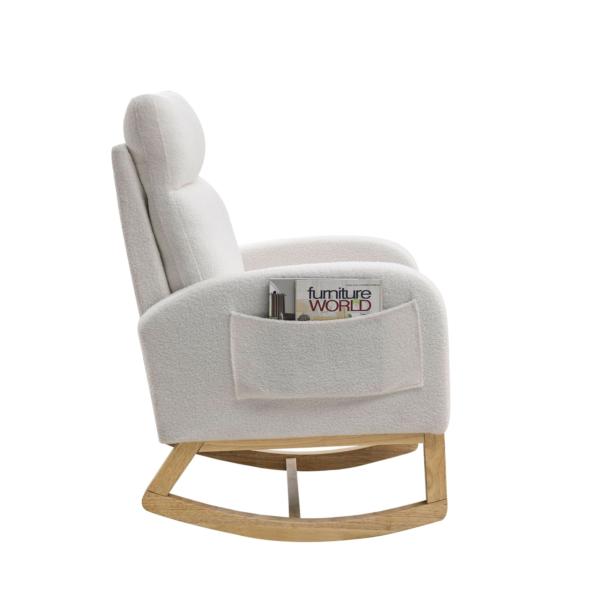 Video Welike 27.6"W Modern Accent High Backrest Living Room Lounge Arm Rocking Chair, Two Side Pocket ,Teddy White Ivory Ivory Foam Fabric