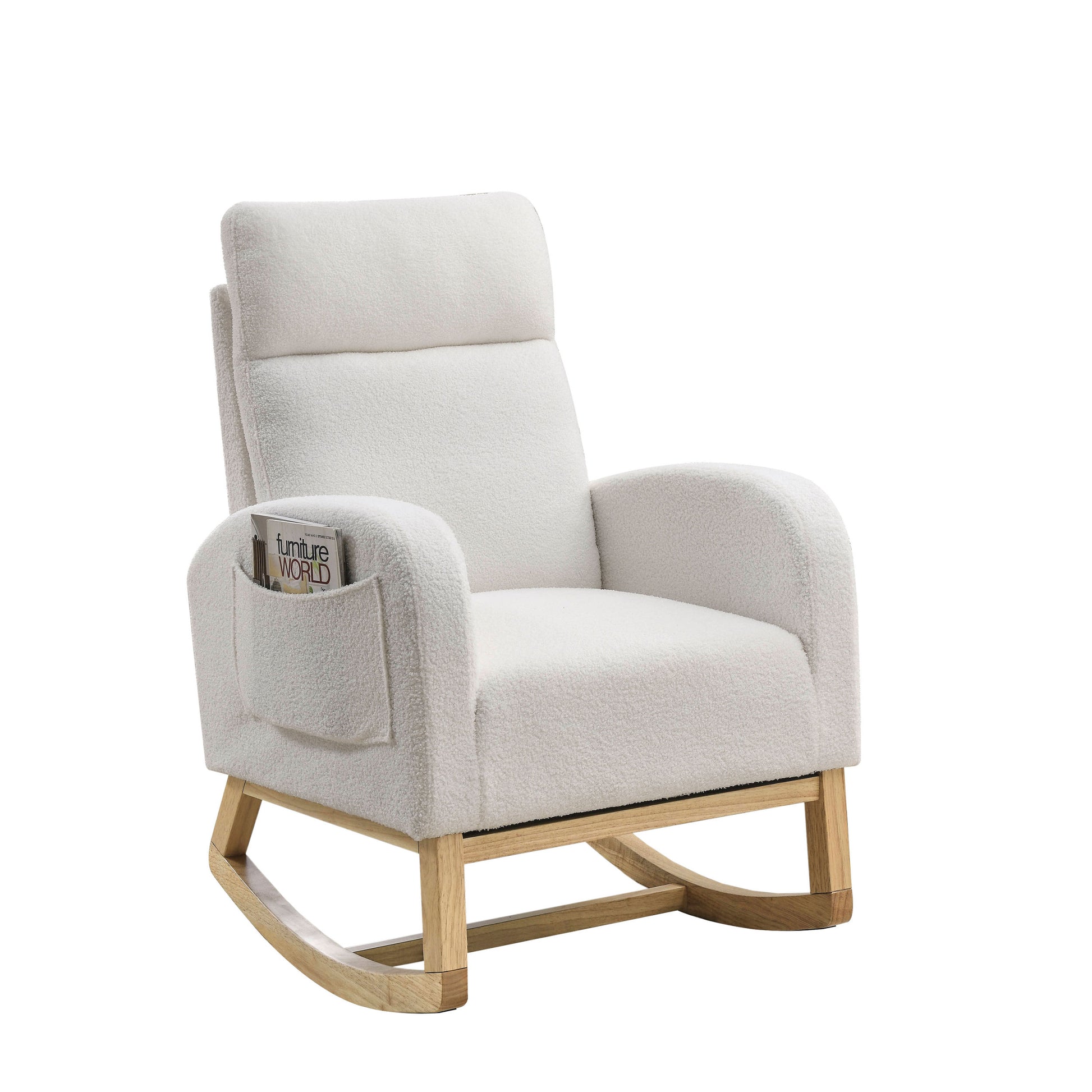 Video Welike 27.6"W Modern Accent High Backrest Living Room Lounge Arm Rocking Chair, Two Side Pocket ,Teddy White Ivory Ivory Foam Fabric
